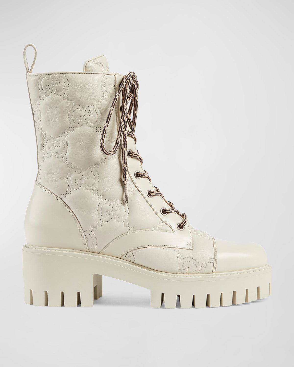 Shop Gucci Gg Logo Quilted Combat Boots In Milk/ivy