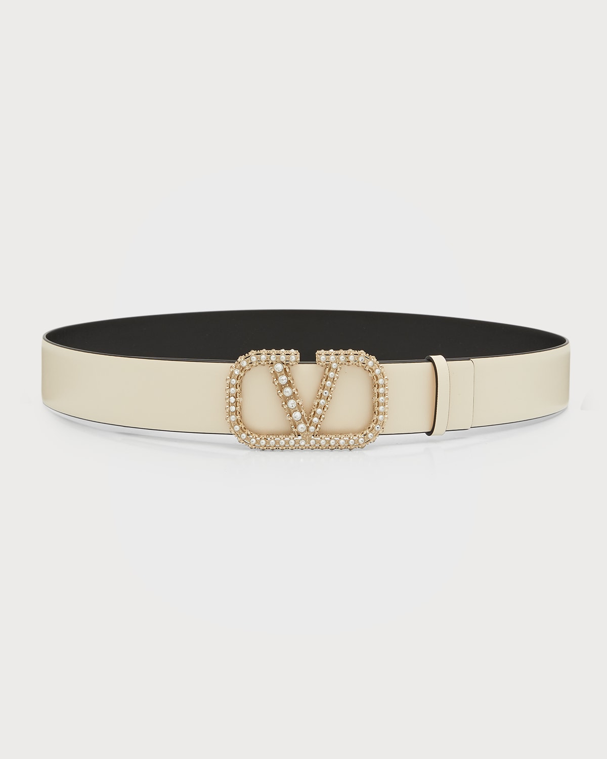 Valentino Garavani Crystal-embellished Platinum V-logo Leather Belt In Light Ivory