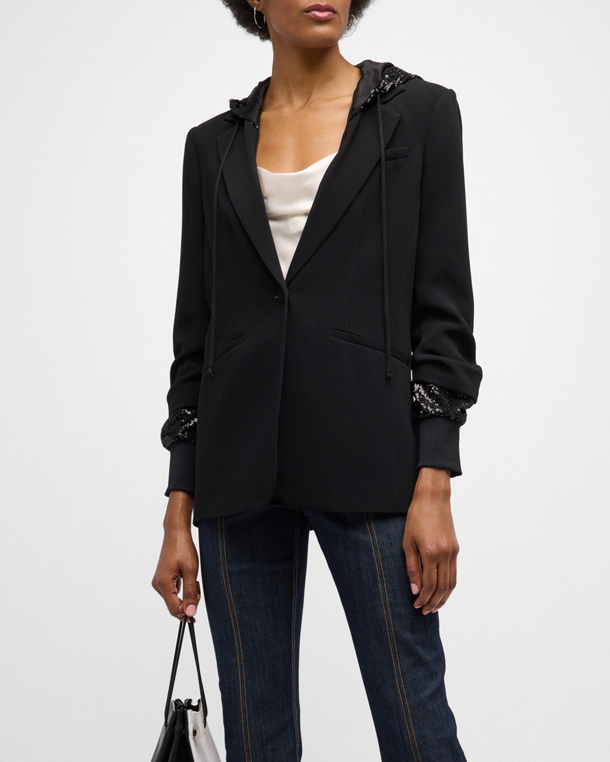 Shop Cinq À Sept Khloe Sequin Hooded Blazer In Black