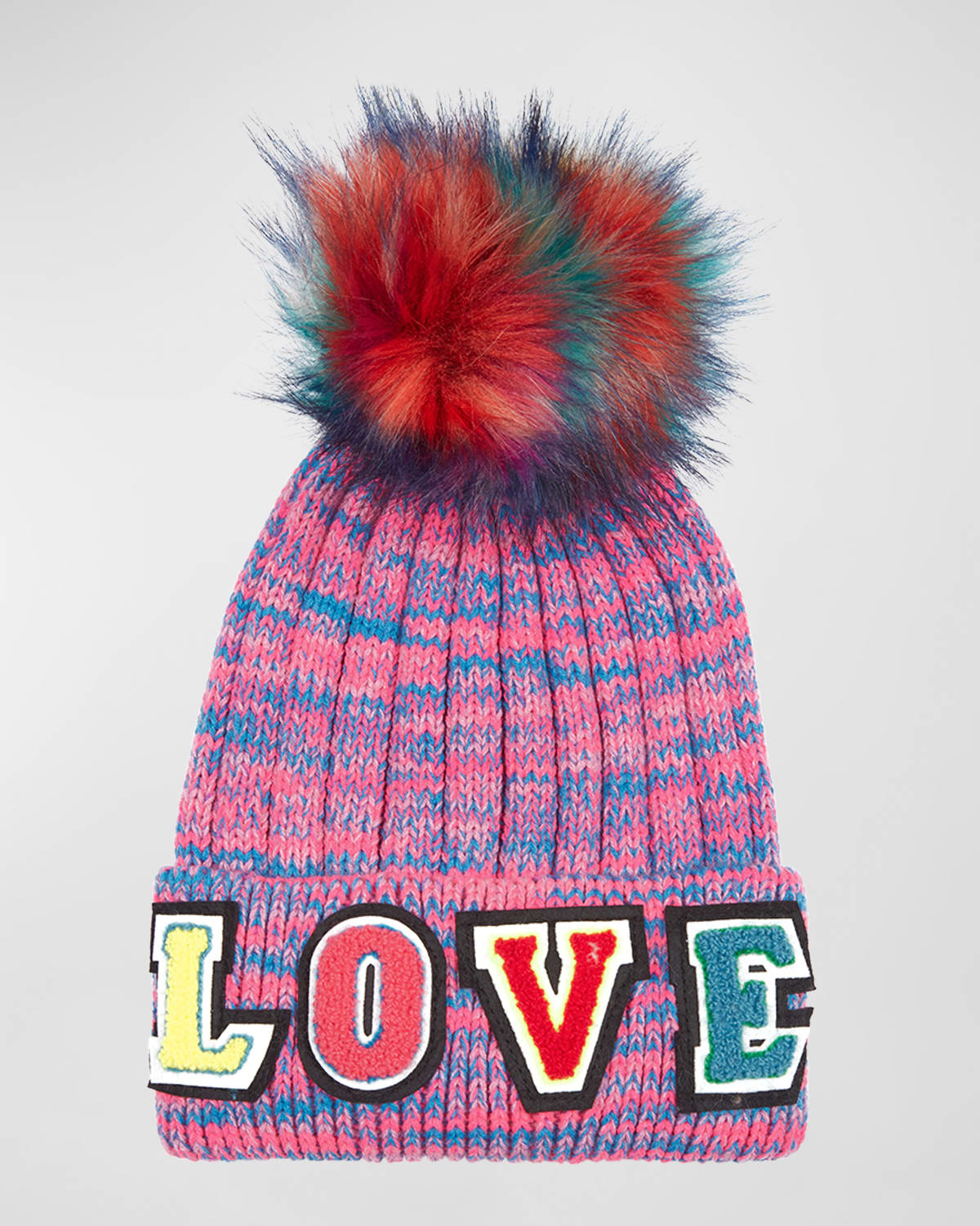 Jocelyn Multi-color Knit Faux Fur Love Beanie In Pink Multi