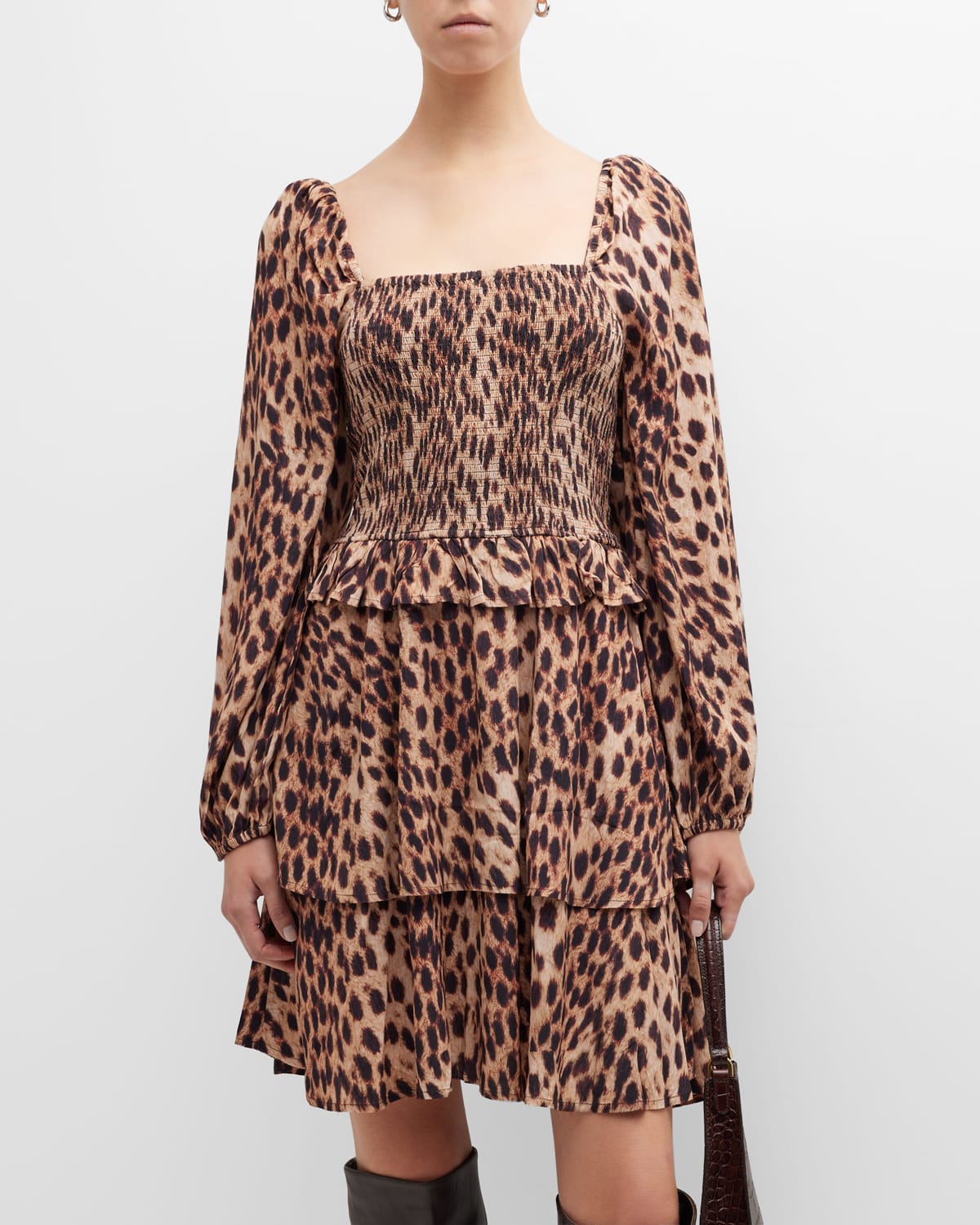Figue Marcella Leopard-Print Puff-Sleeve Tiered Mini Dress