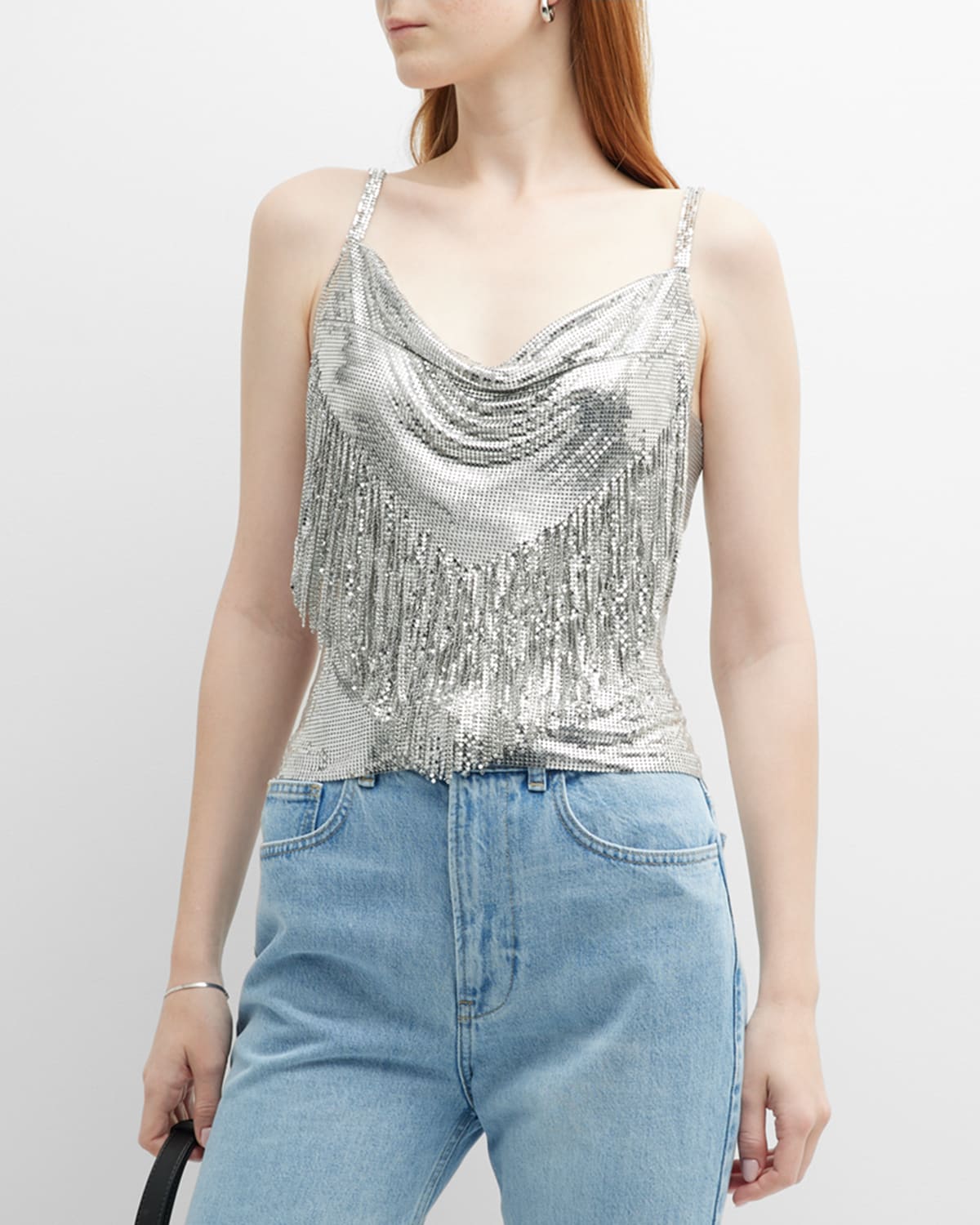 Shop Rabanne Cowl-neck Fringe Chainmail Tank Top In Silver