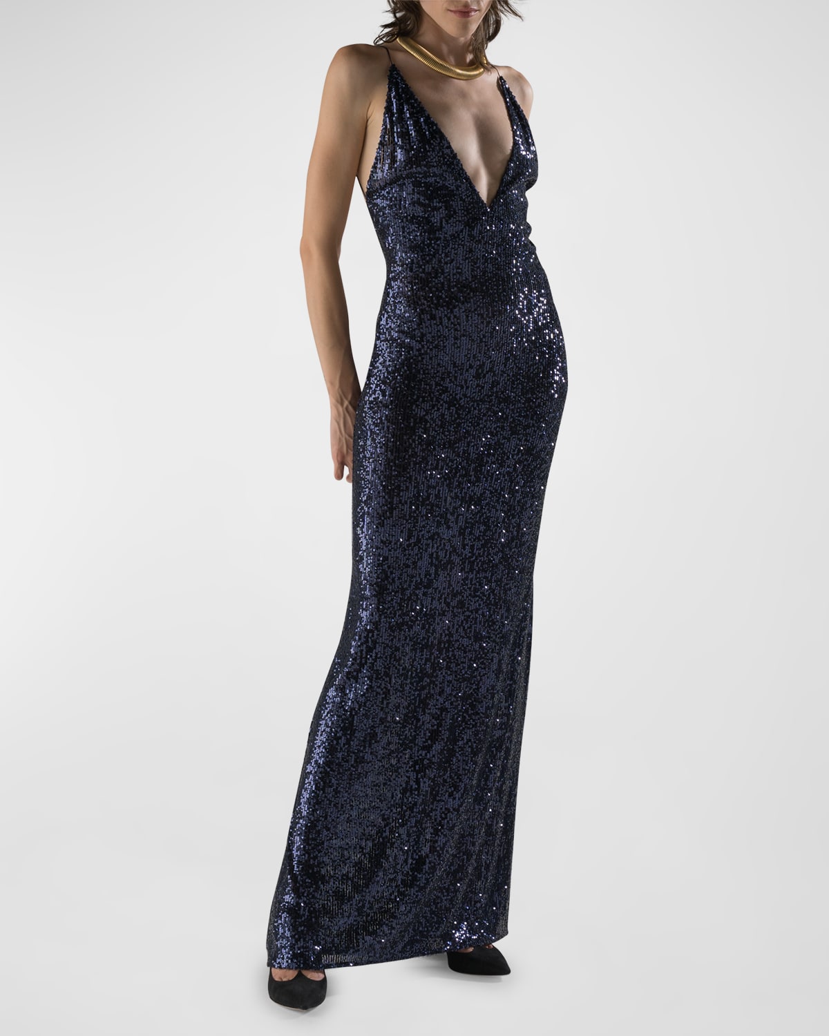 Megan Plunging Open-Back Sequin Gown