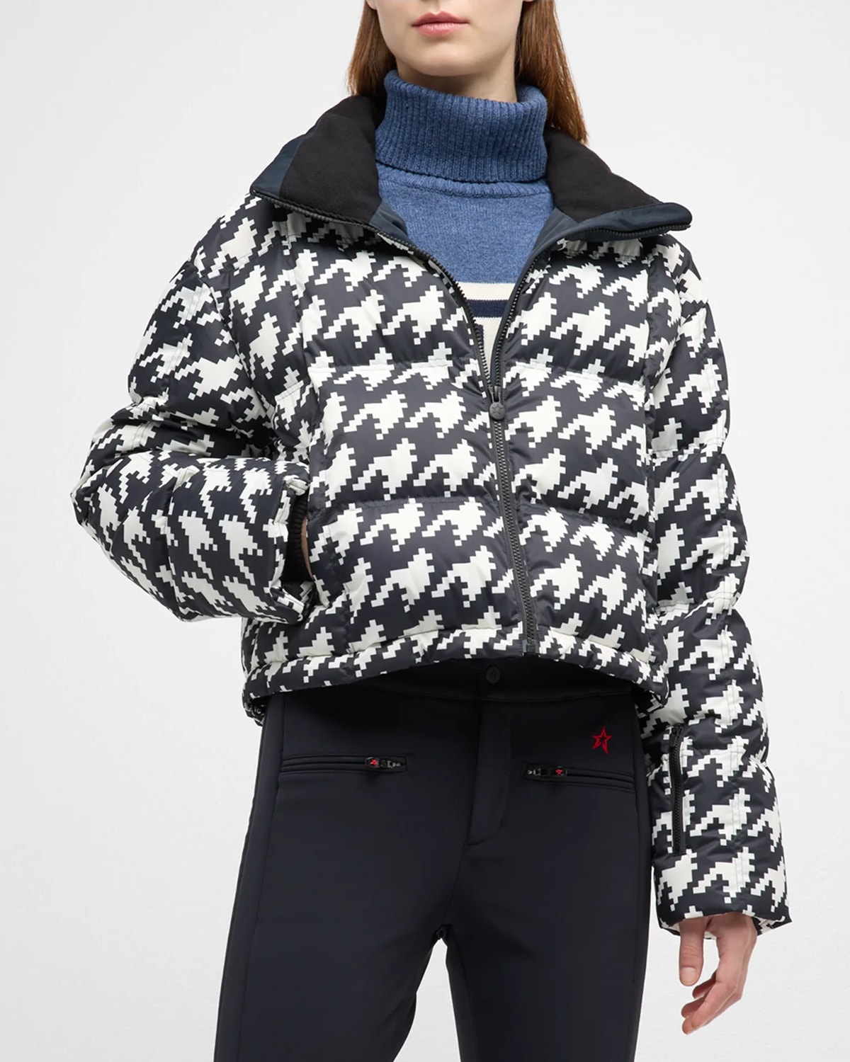 Perfect Moment Moment Houndstooth Hooded Embroidered Padded Down Ski Jacket In Houndstooth Black