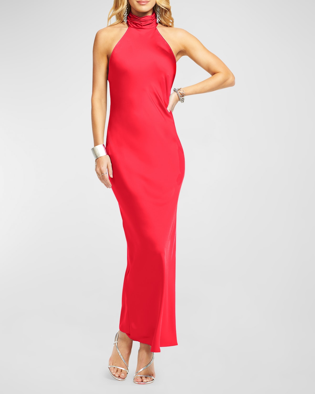 Shop Ramy Brook Tatiana Low-cut Halter Column Gown In Soiree Red
