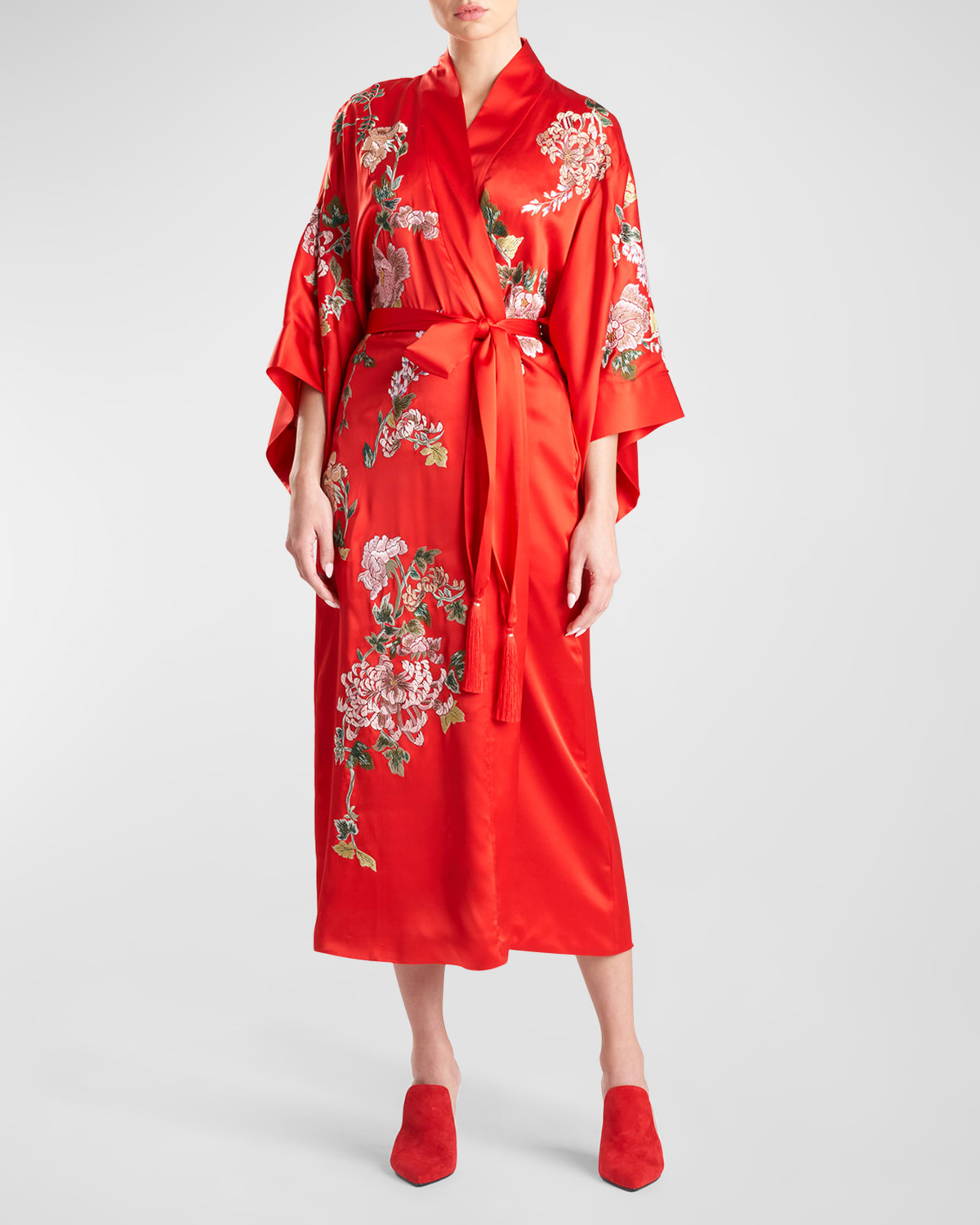Josie Natori Kairaku Floral-Embroidered Silk Robe