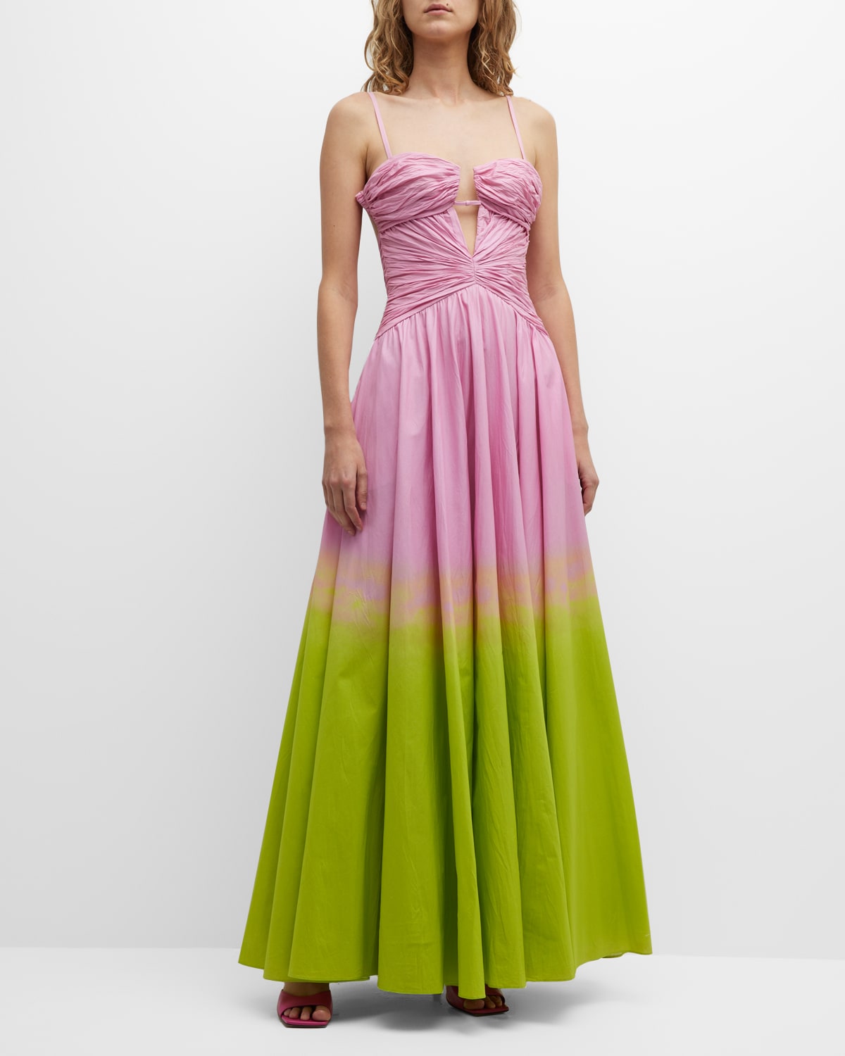 Plunging Ruched Bow Bustier Ombre Gown