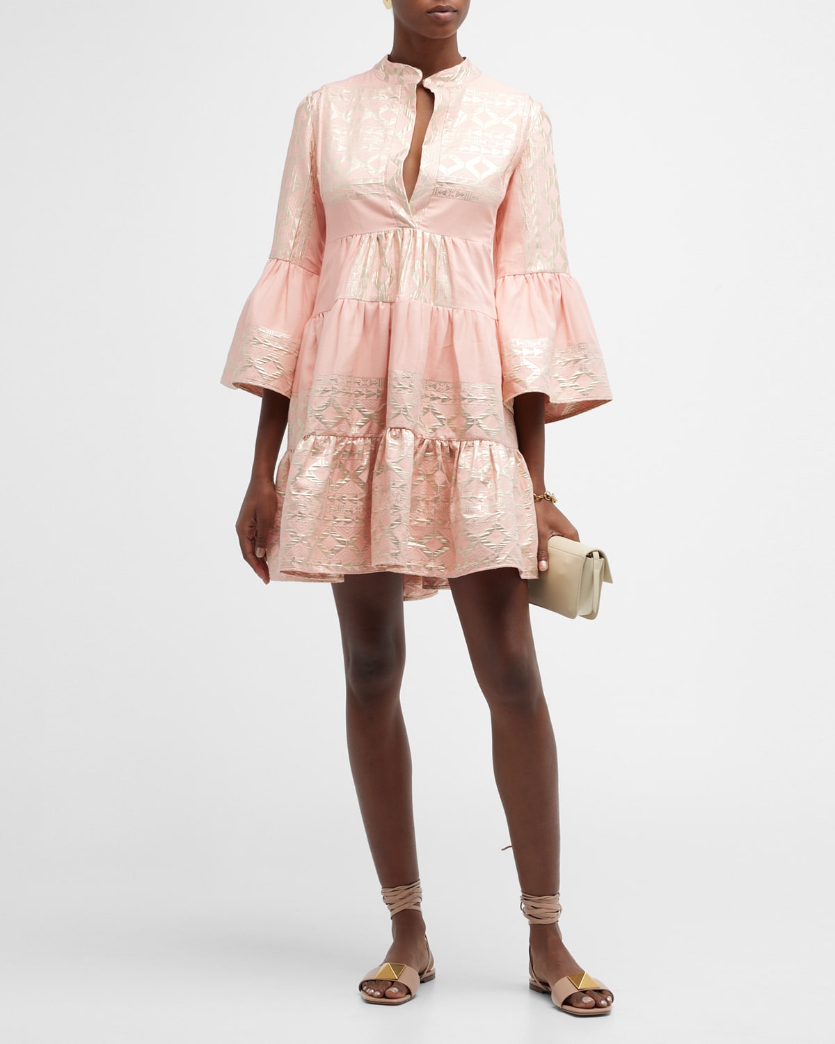 LACE The Label Tiered Jacquard Bell-Sleeve Mini Dress