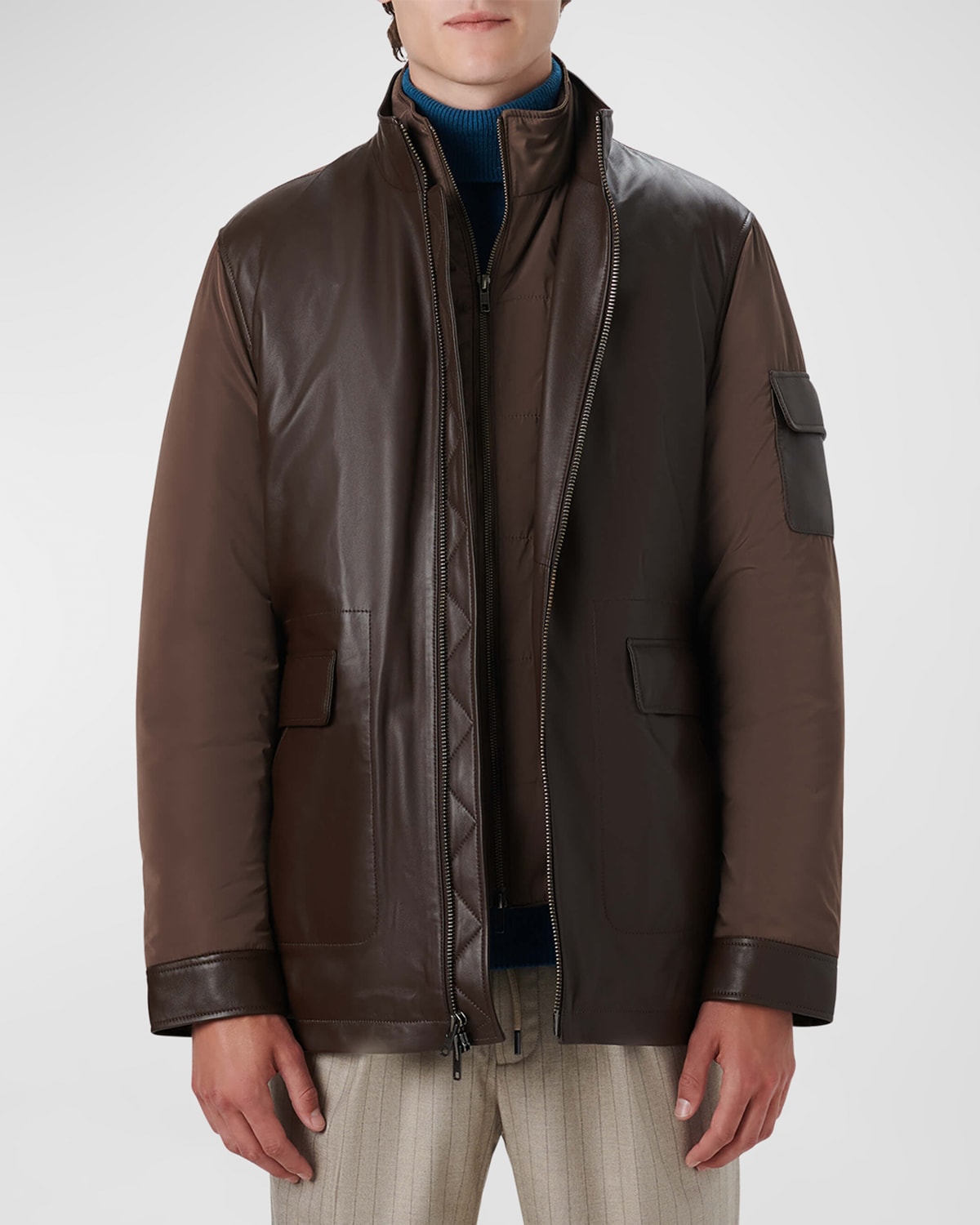 Bugatchi Full Zip Leather Bomber Jacket With Removable Bib In Chocolate