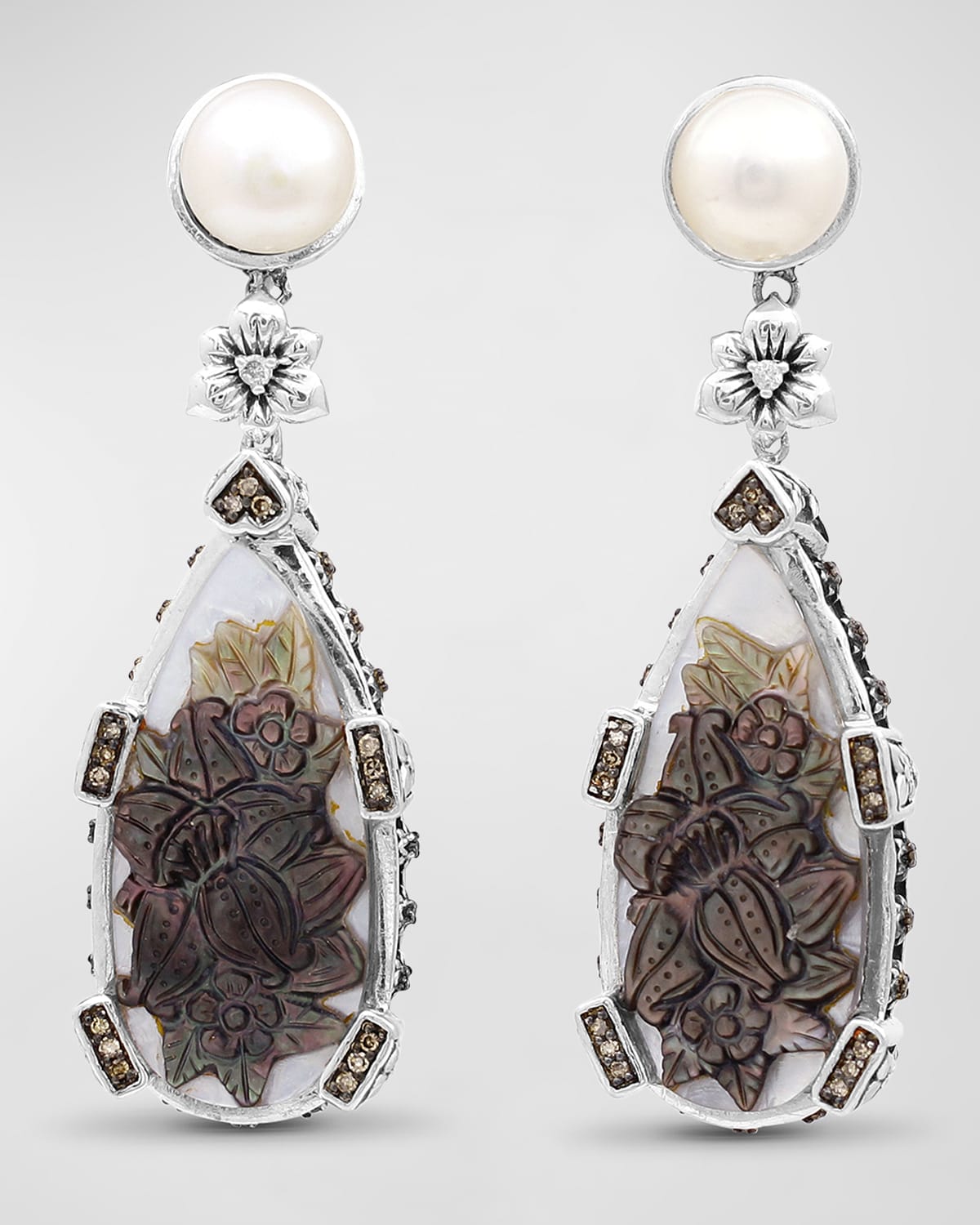Mother-of-Pearl Earrings with Champagne Diamonds in Sterling Silver
