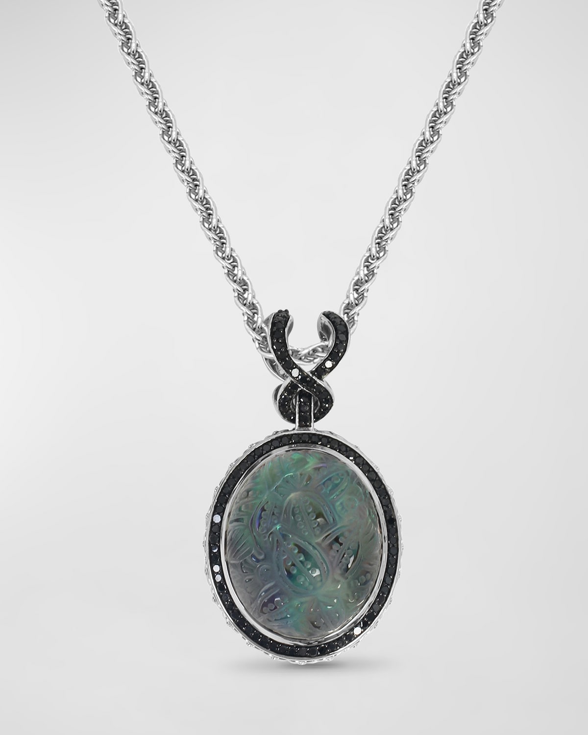 Quartz, Abalone and Black Diamond Pendant Necklace in Sterling Silver