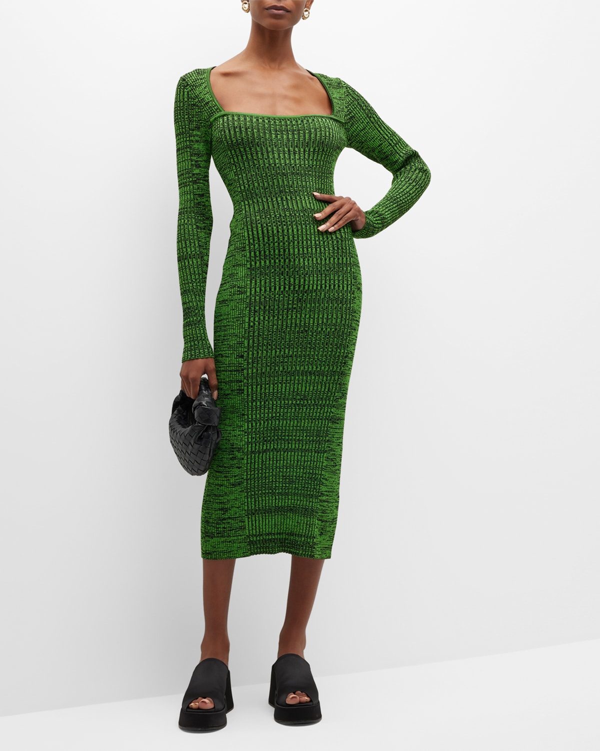 Ganni Ribbed Square-neck Midi Dress In Kelly Green