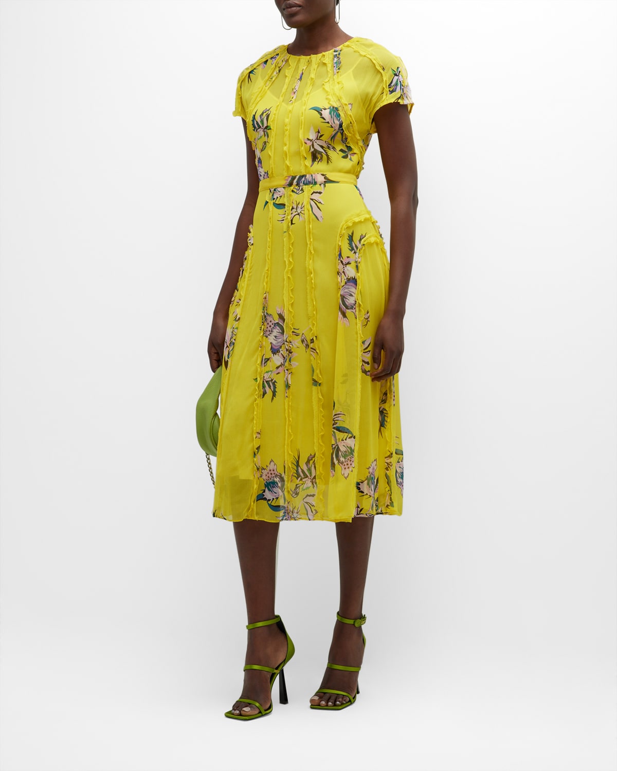 Jason Wu Collection Floral-Print Ruffle Lattice Crinkle Chiffon Midi Dress