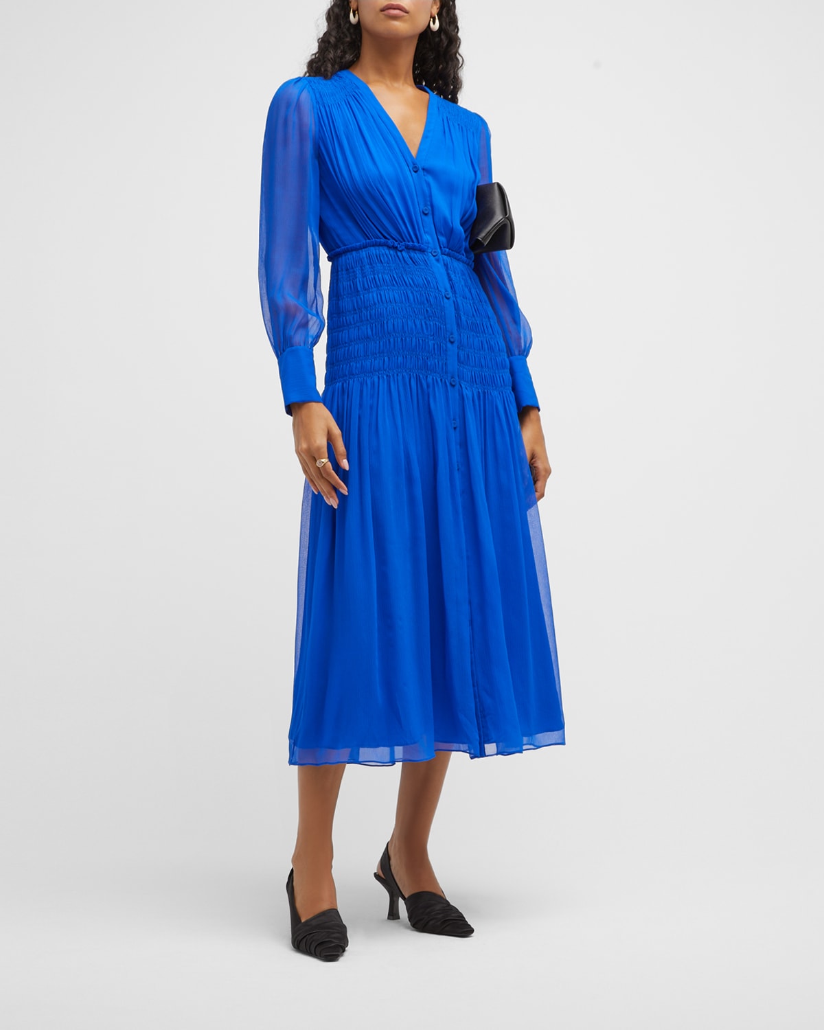 Smocked Blouson-Sleeve Midi Dress