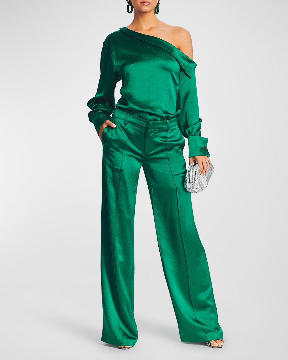 Retroféte Eliza Wide-leg Satin Pants In Emerald
