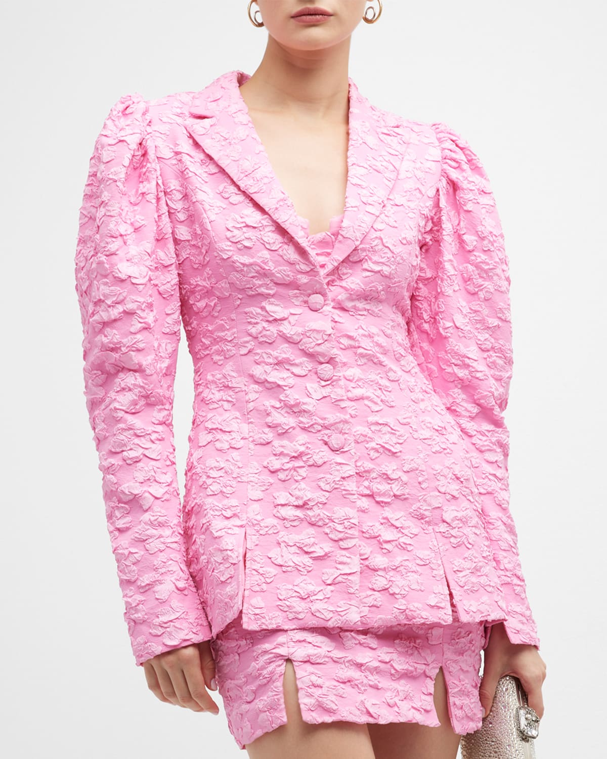 Floral Jacquard Puff-Sleeve Blazer