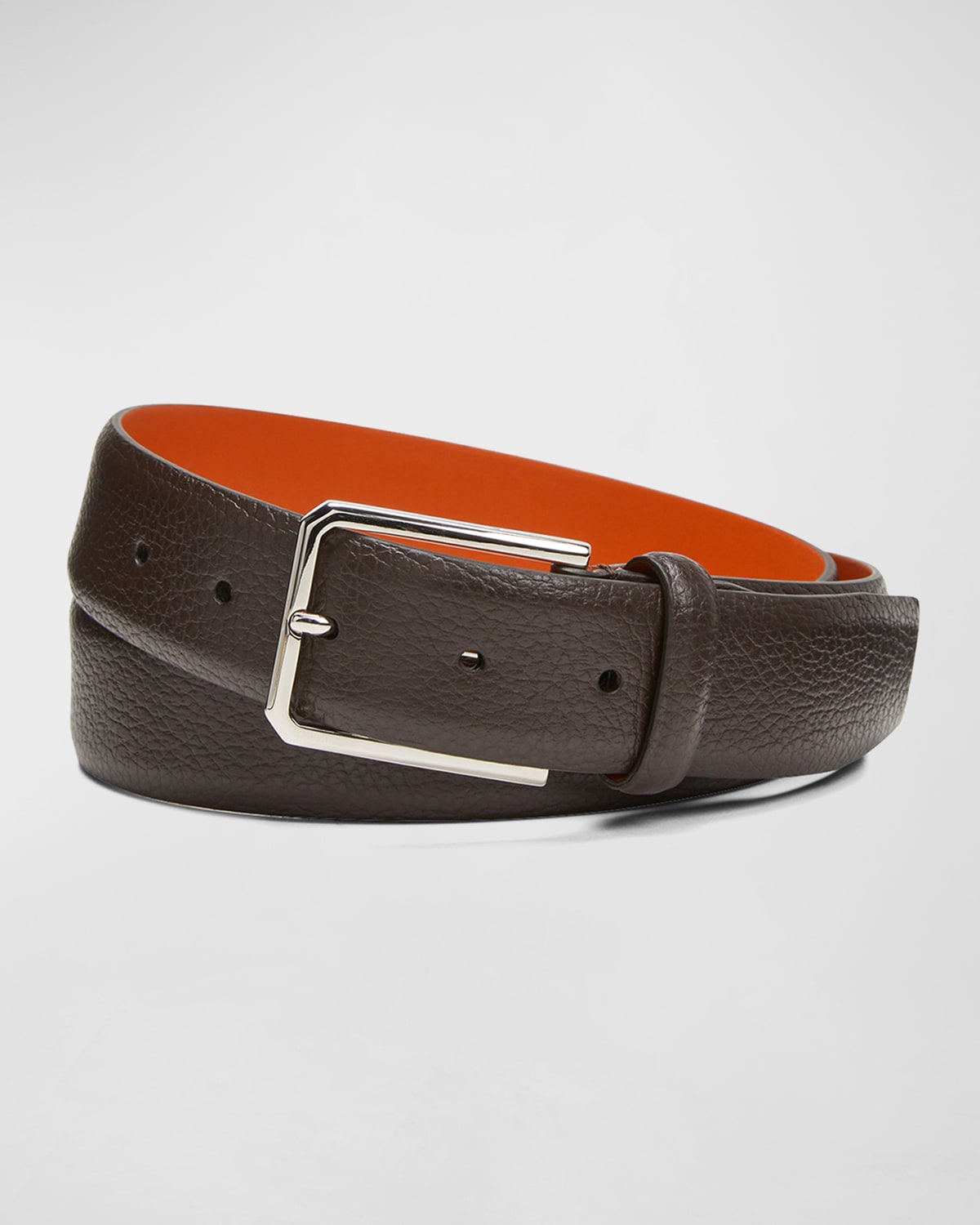 Shop Santoni Men's Rectangle Buckle Grained Leather Belt In Brown