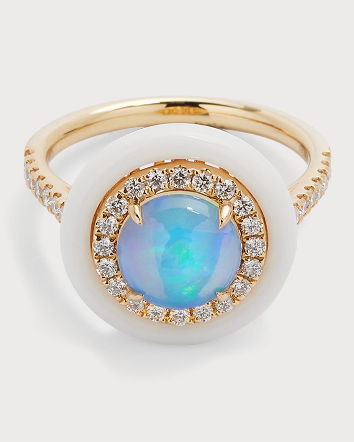 18K Yellow Gold Ring with Round Opal, Diamonds and White Frame, 0.99tcw, Size 7