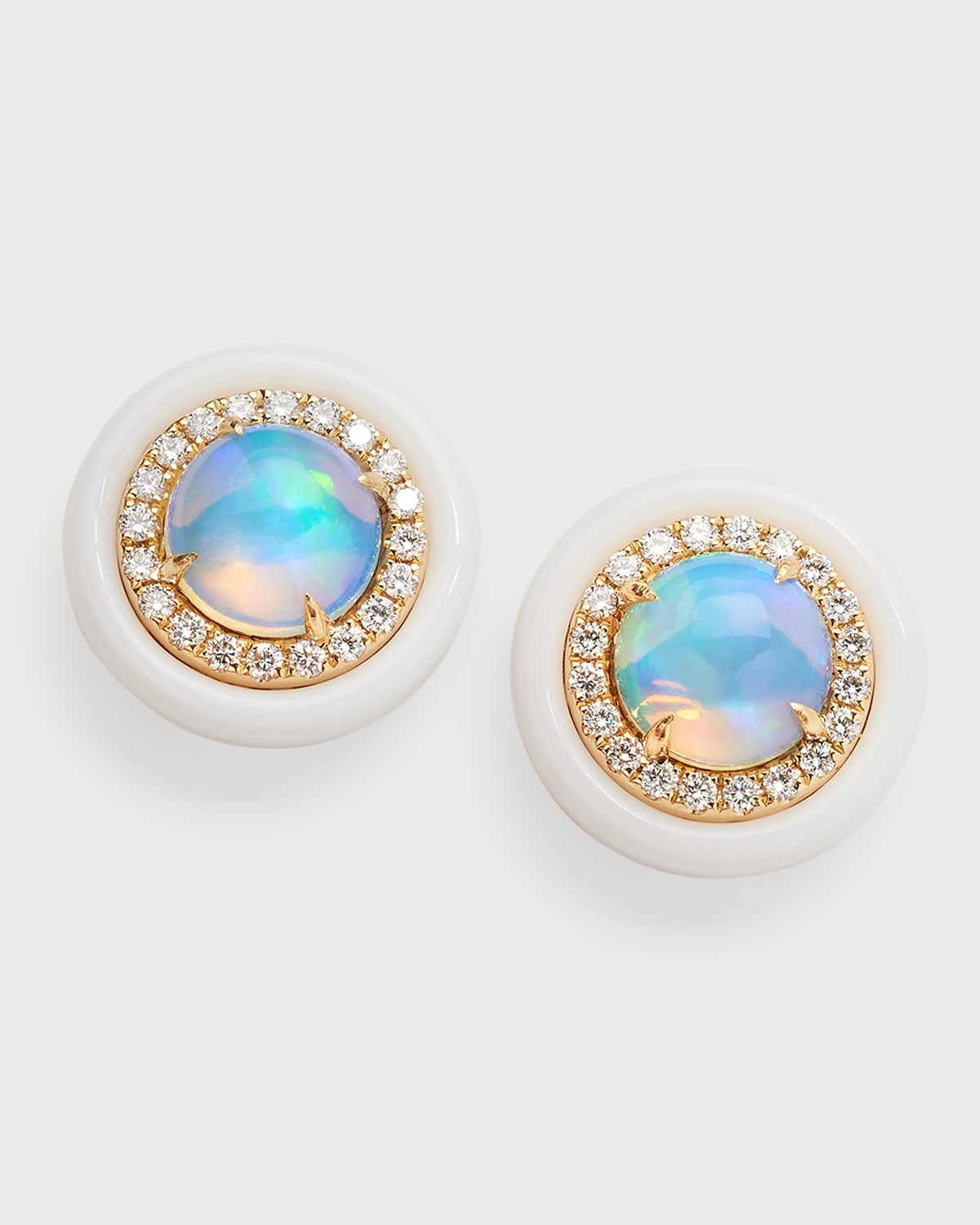 18K Yellow Gold Stud Earrings with Opal Rounds, Diamonds and White Frame, 2.31tcw