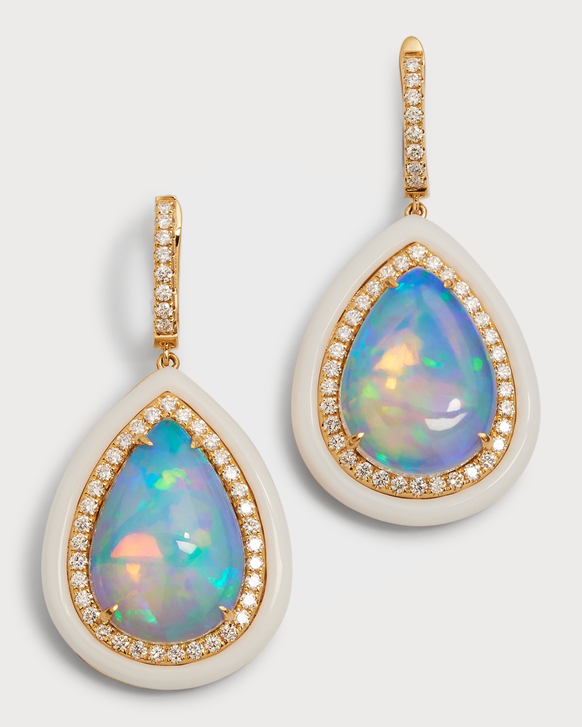 18K Yellow Gold Earrings with Pear-Shape Opal, Diamonds and White Frame, 12.01tcw