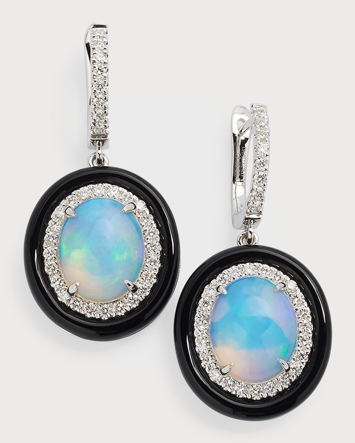 18K White Gold Earrings with Opal Ovals, Diamonds and Black Frame, 3.55tcw