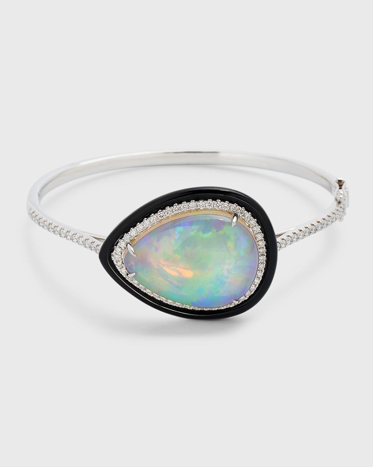 18K White Gold Bangle with Oval Opal, Diamonds and Black Frame, 14.52tcw