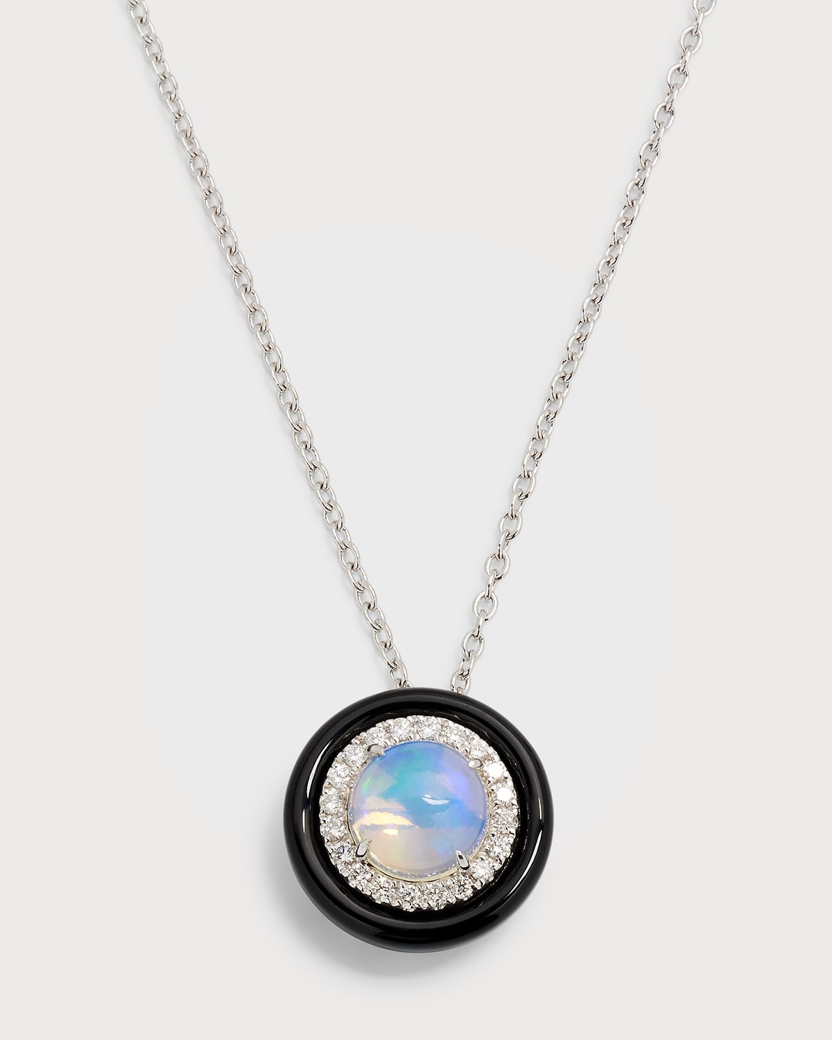 18K White Gold Pendant with Round Opal, Diamonds and Black Frame, 1.25tcw
