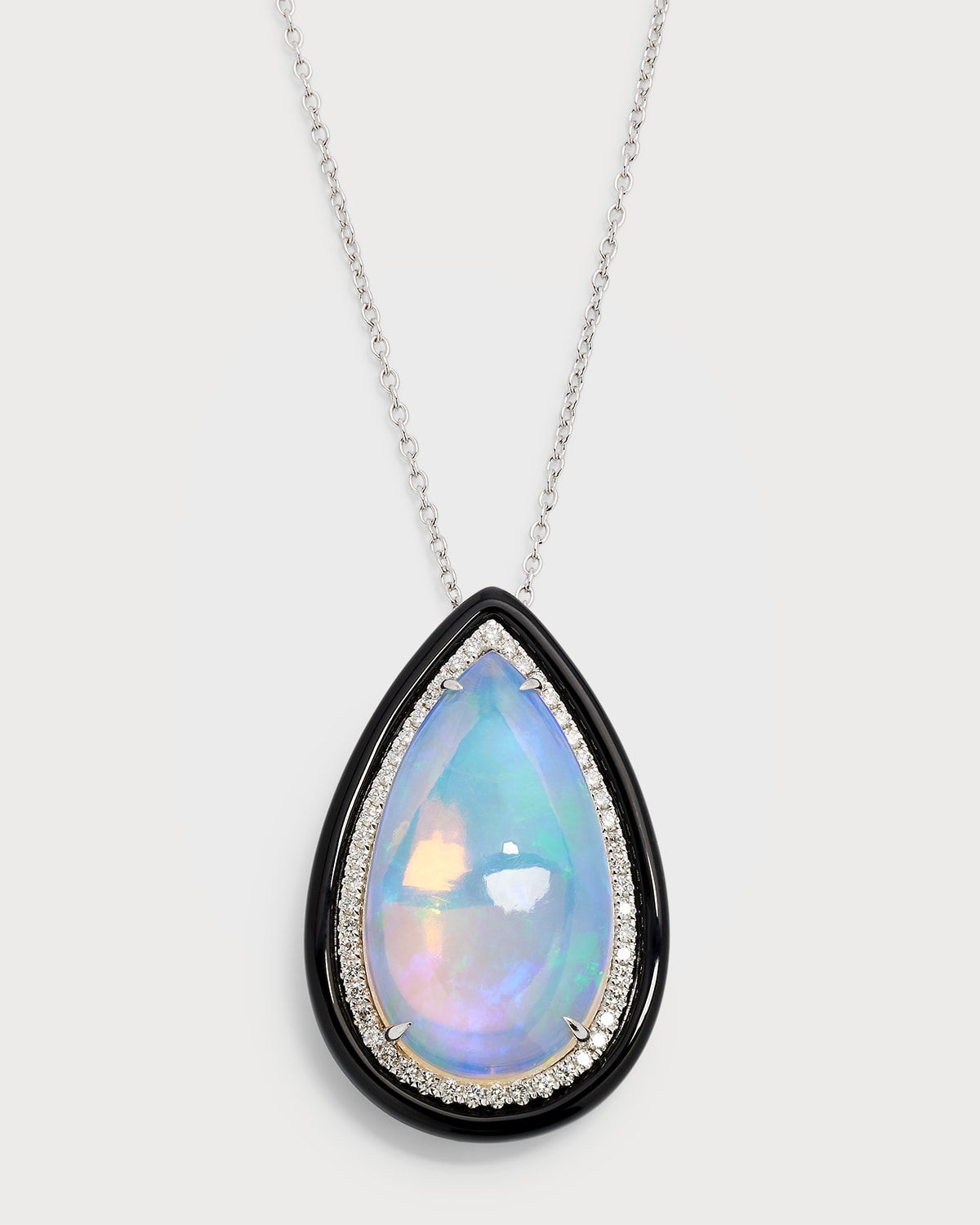 18K White Gold Pendant with Pear-Shape Opal, Diamonds and Black Frame, 14.22tcw