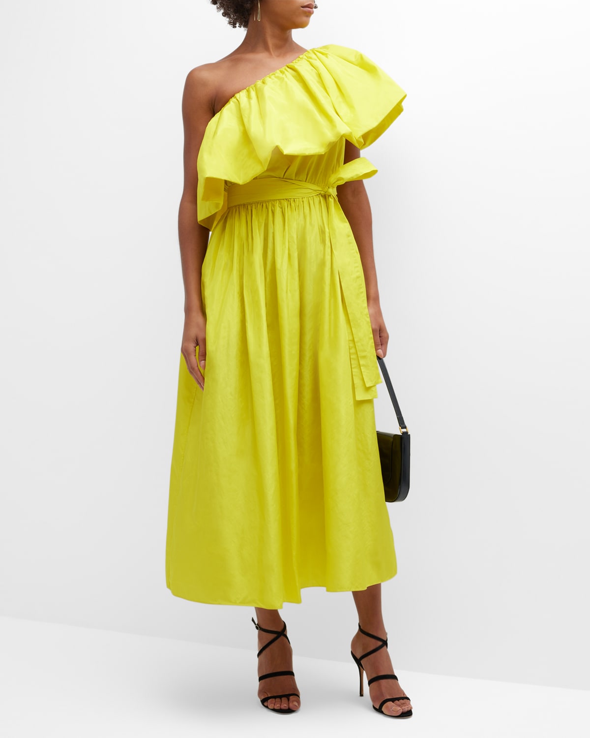 Shop Adam Lippes Ruffle One-shoulder Belted Silk Midi Dress In Citron