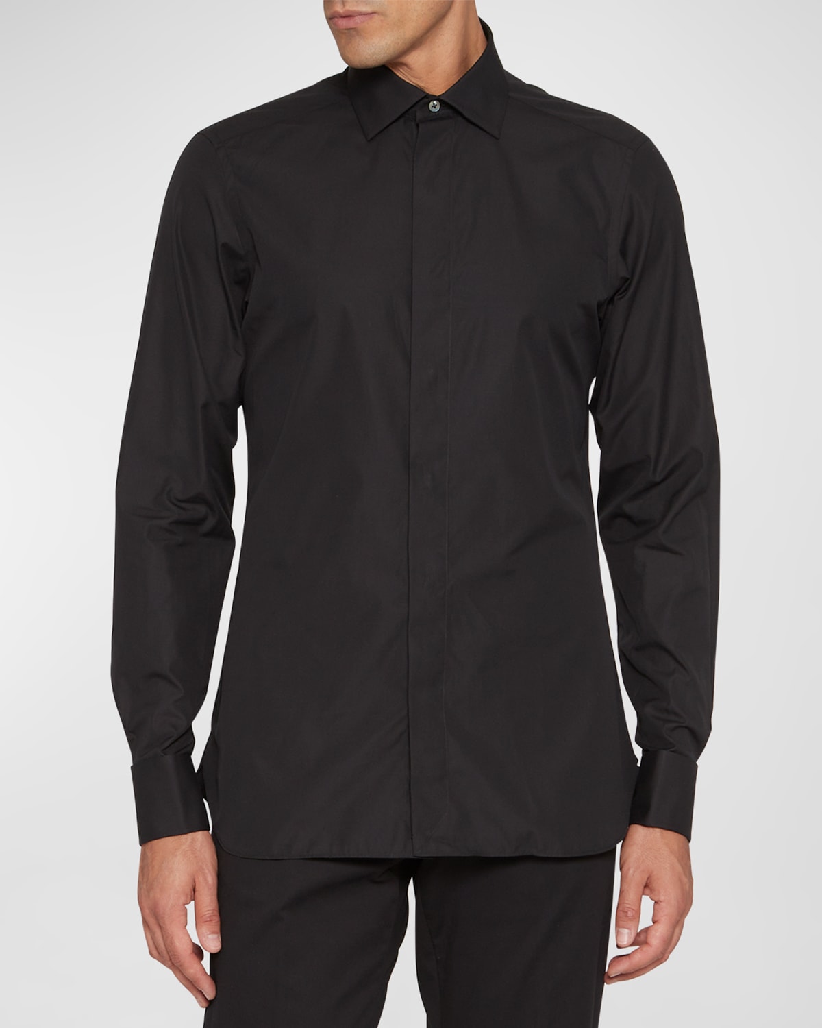 Shop Zegna Men's Concealed Placket Cotton-silk Dress Shirt In Black Solid