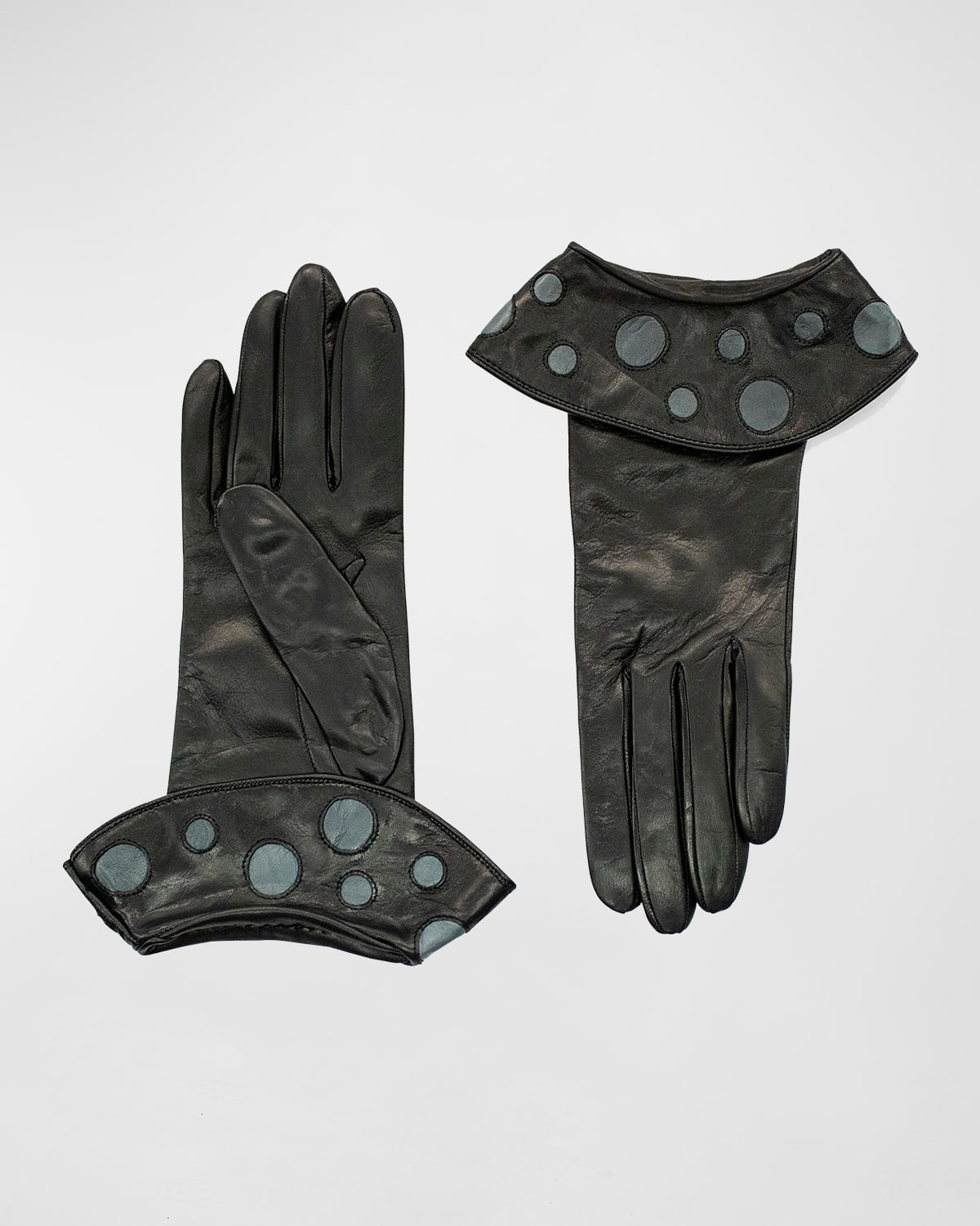 Portolano Folded Polka-dot Cuff Leather Gloves In Black/iron Grey