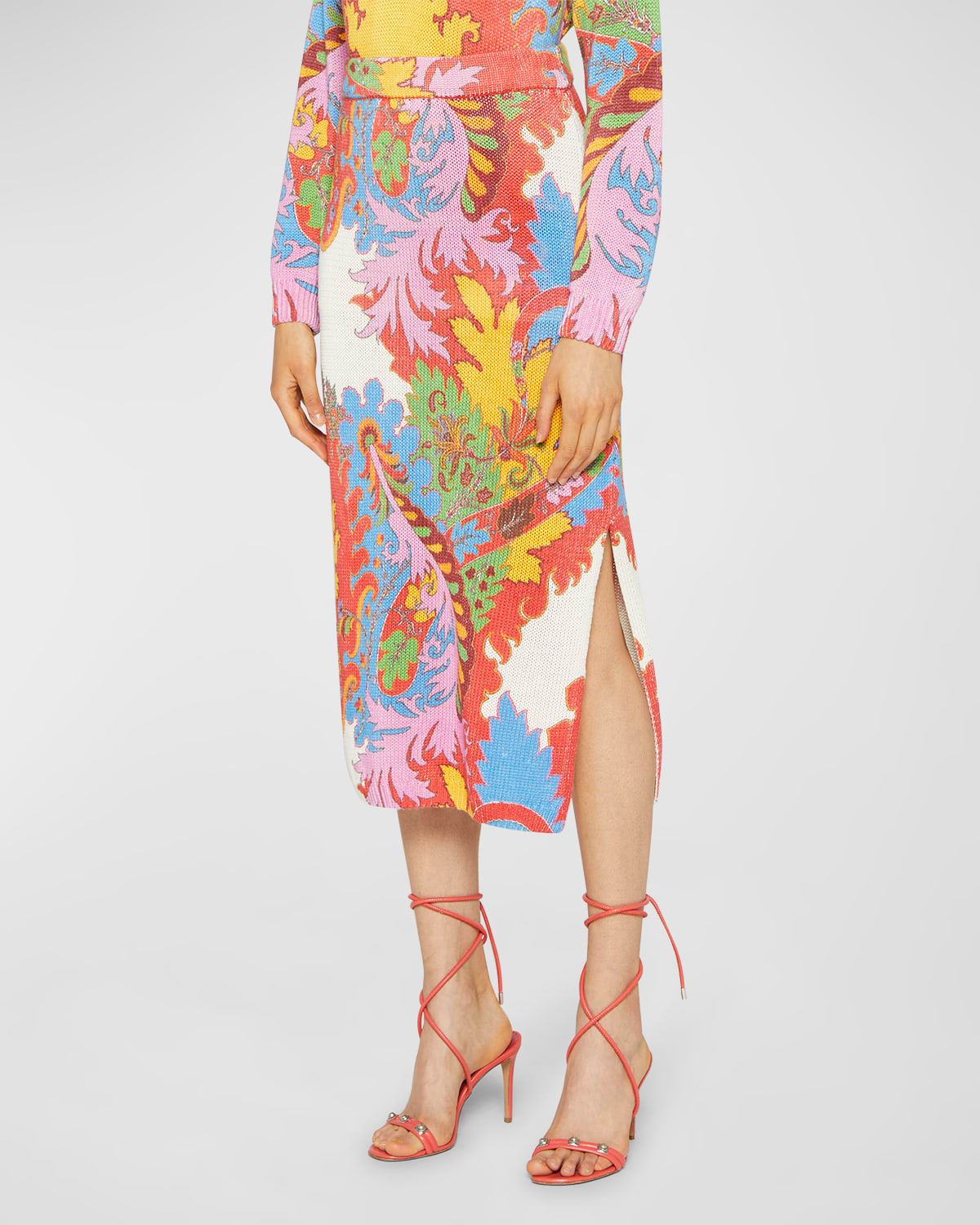 Blooming Paisley Print Silk-Linen Knit Midi Skirt