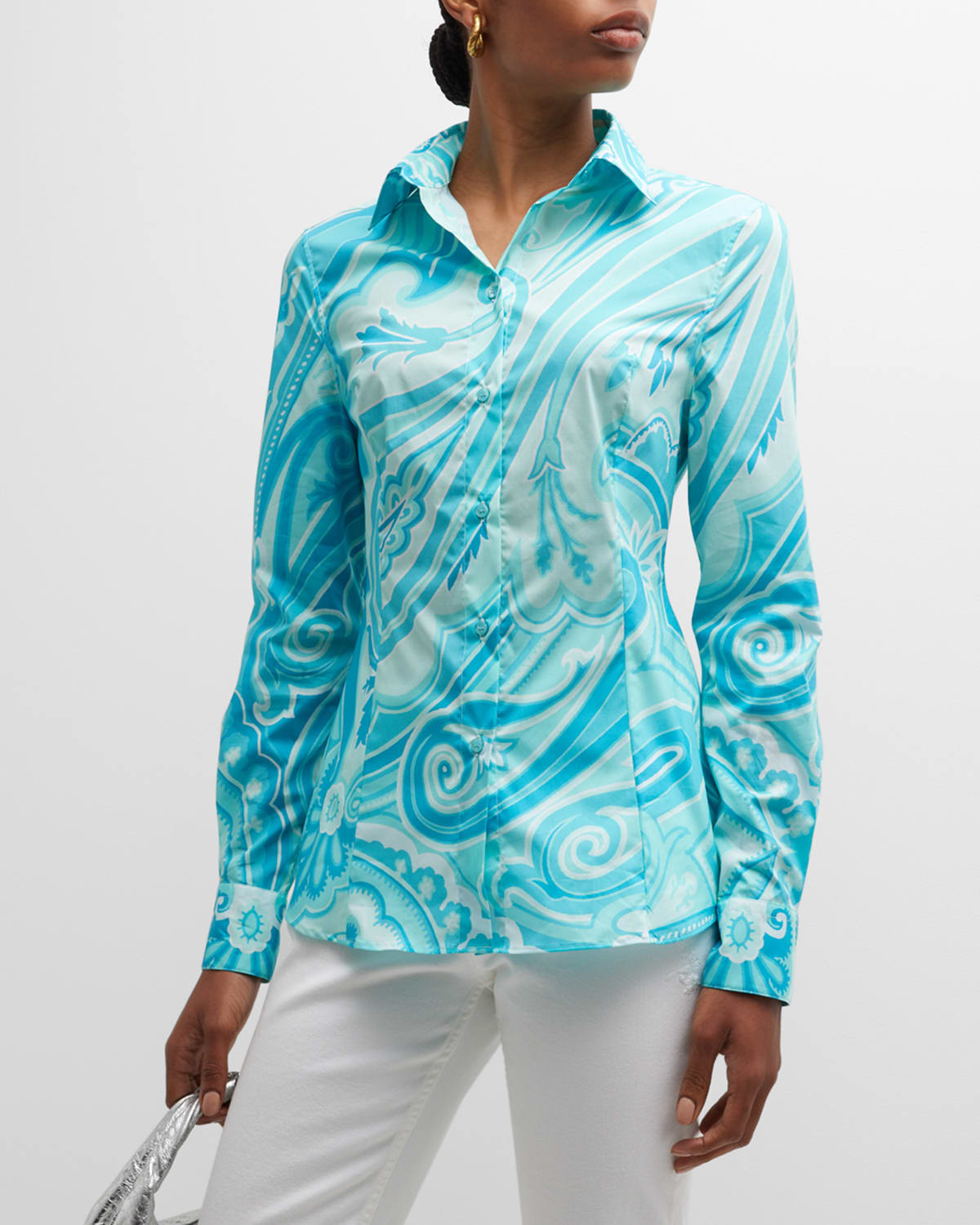 Etro Paisley Wave Geo-print Cotton Collared Shirt In Slateblue