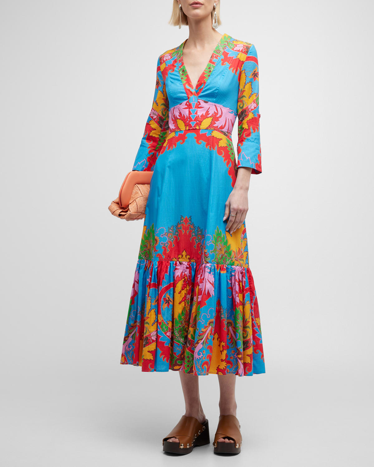 Blooming Floral-Print V-Neck Stripe Jacquard Midi Dress