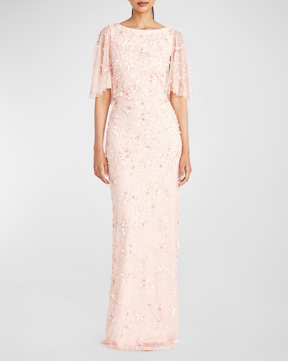 Theia Beaded Floral Gown In Powder Blush
