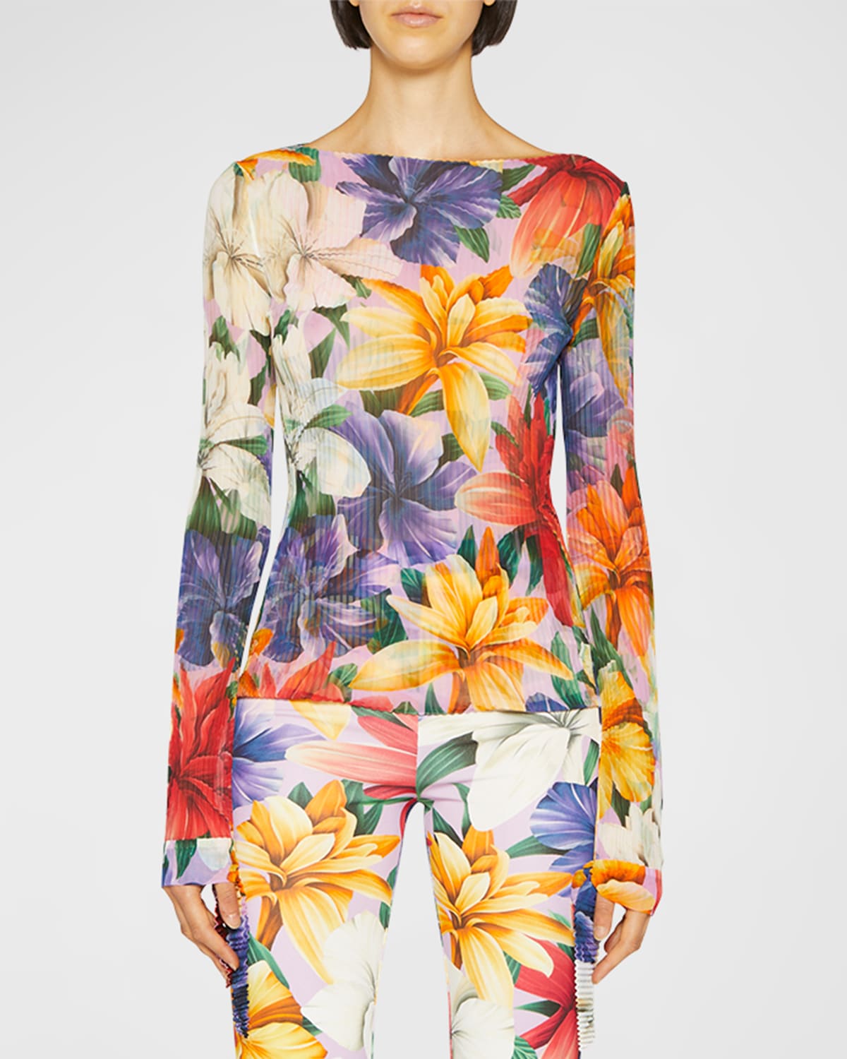 Etro Bold Floral-print Tie-cuffs Pleated Top In Multi