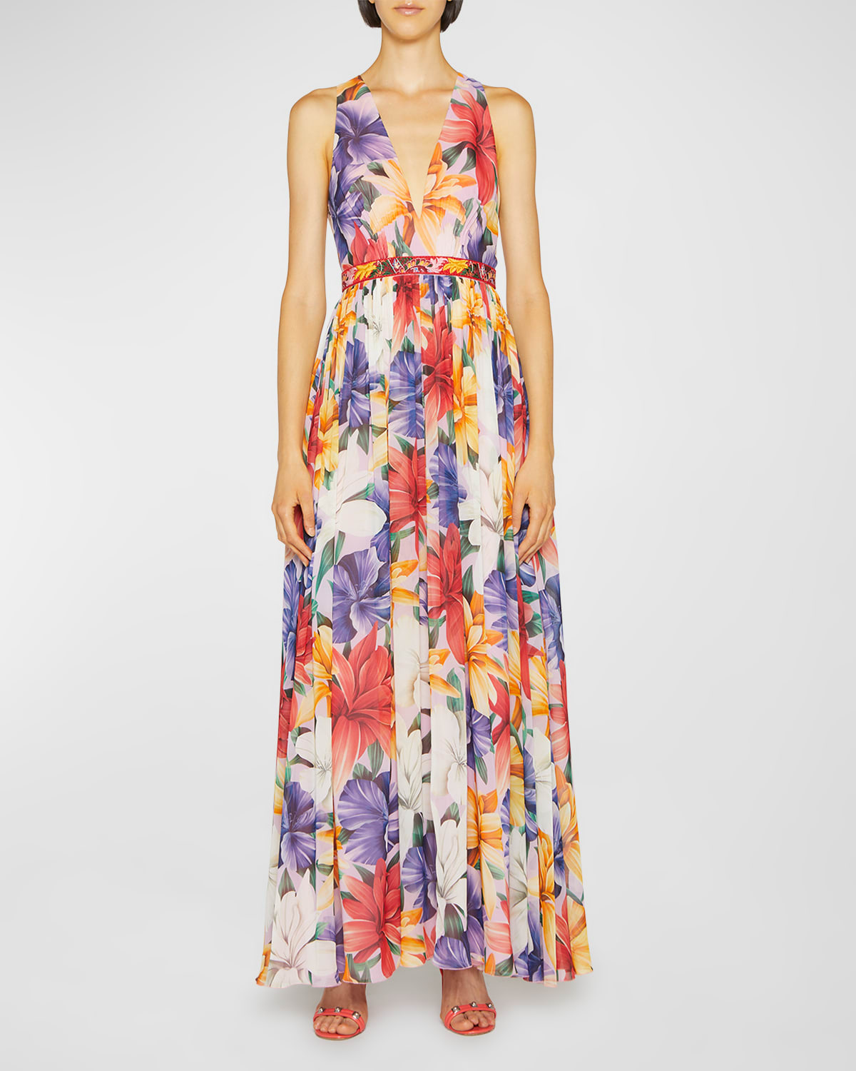 Etro Bold Floral-print Plunging Silk Maxi Dress In Multi