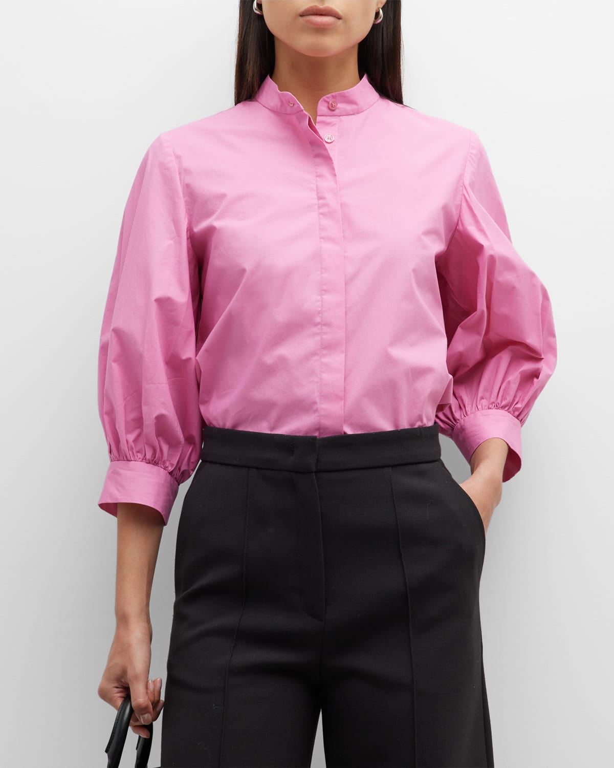 Puff-Sleeve Button-Down Cotton Blouse