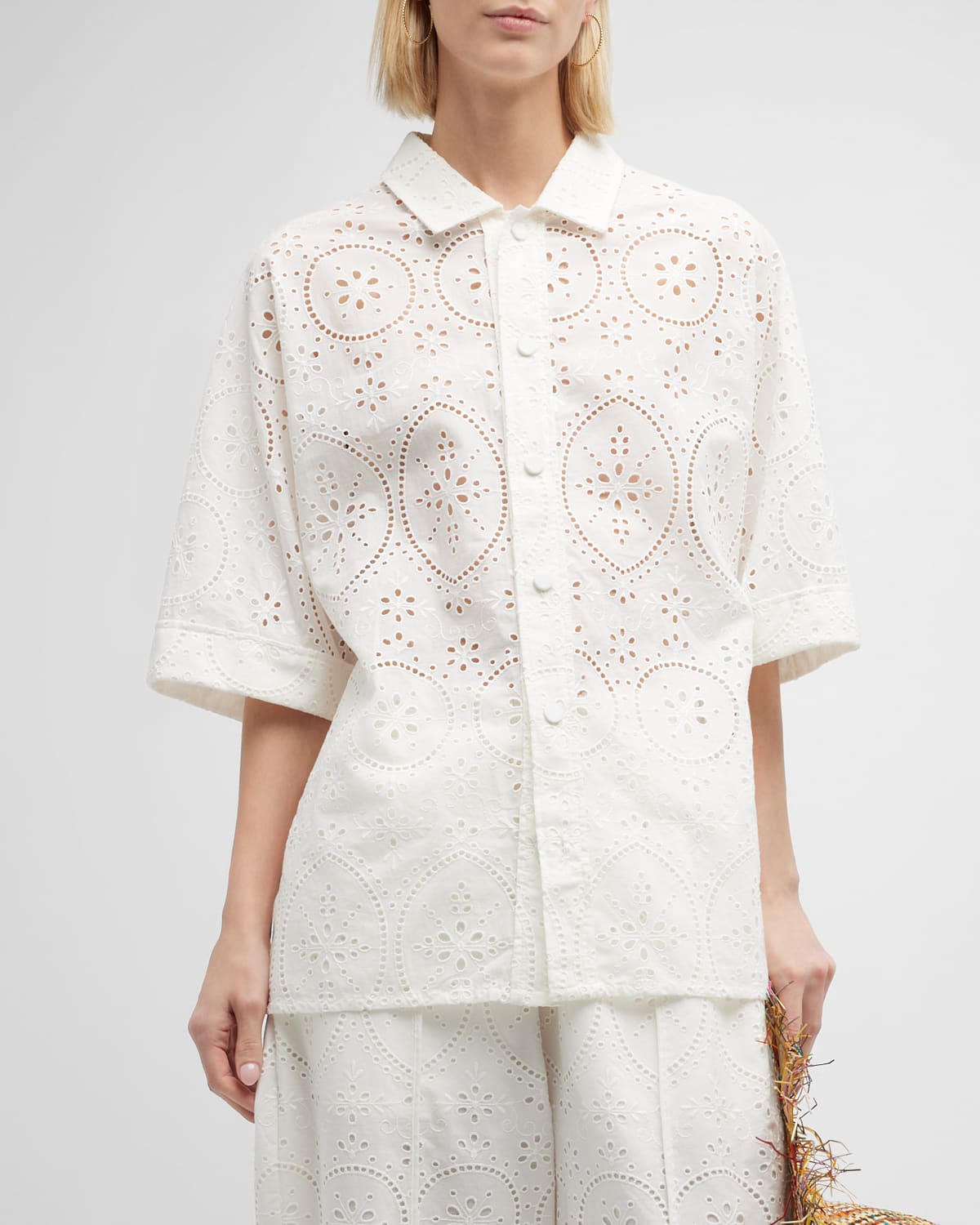Isma Oversize Embroidered Cotton Button-Front Blouse