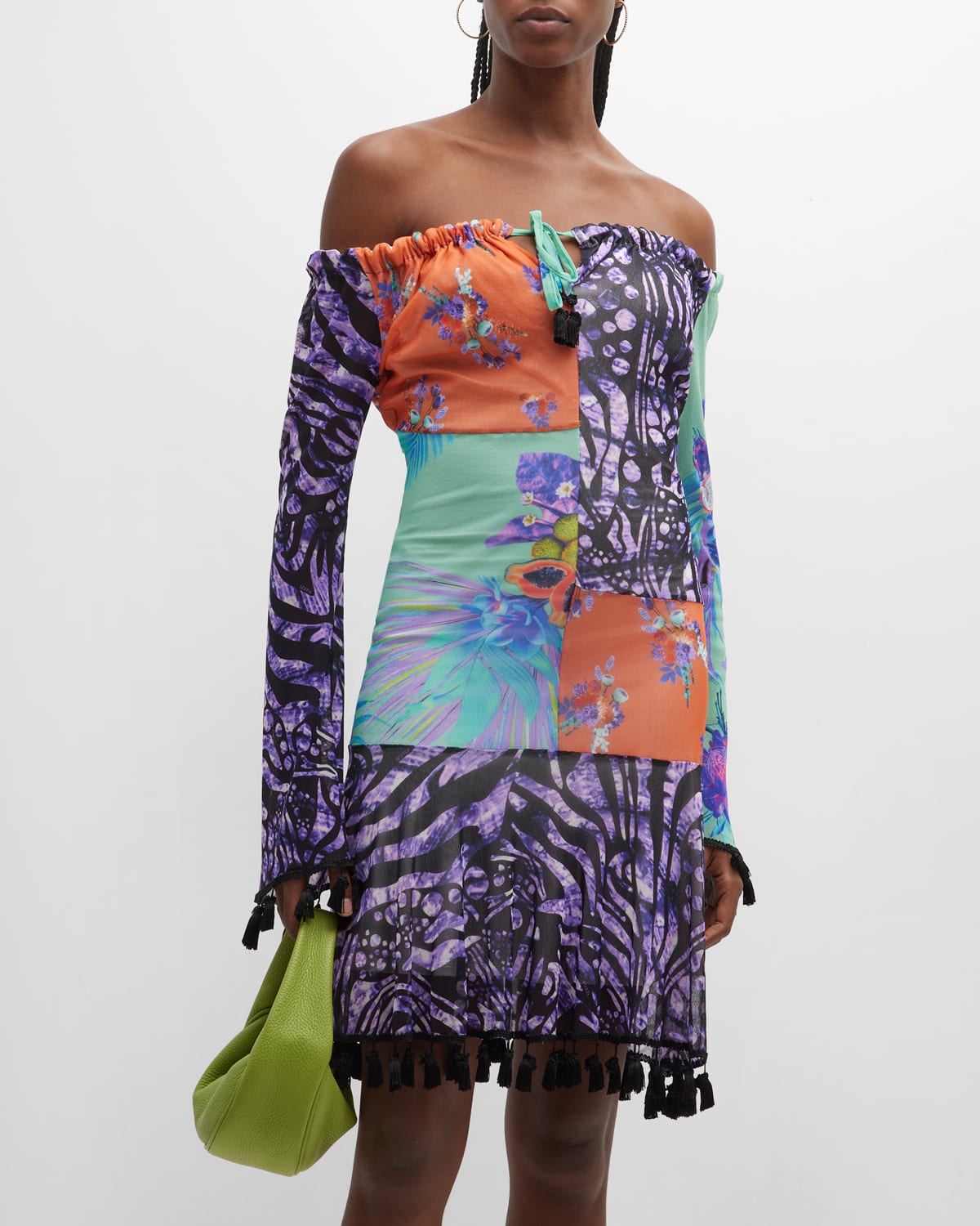 Fuzzi Off-shoulder Pathwork-print Tulle Dress In Multi