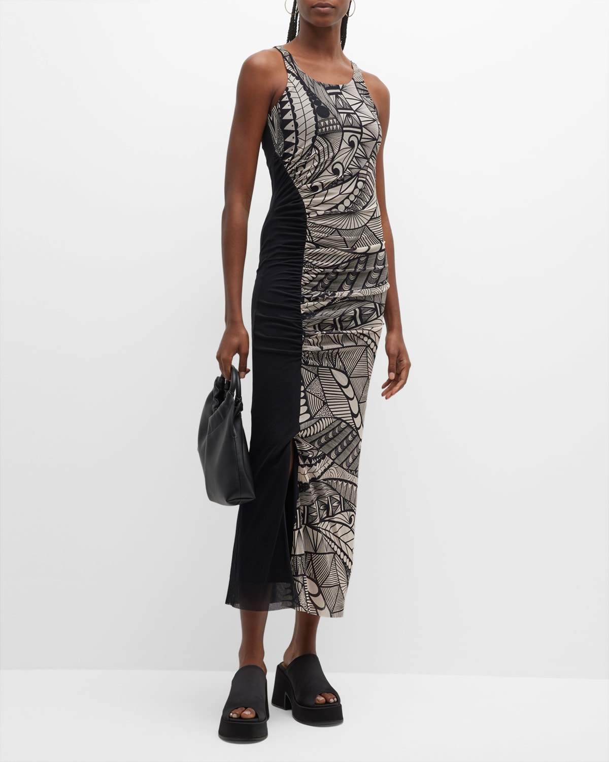 Fuzzi Ruched Abstract-Print Sleeveless Tulle Dress