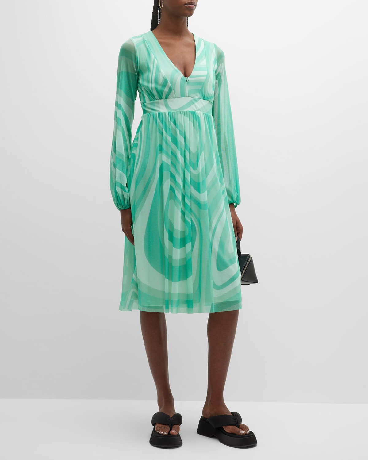 Blouson-Sleeve Swirl-Print Tulle Midi Dress
