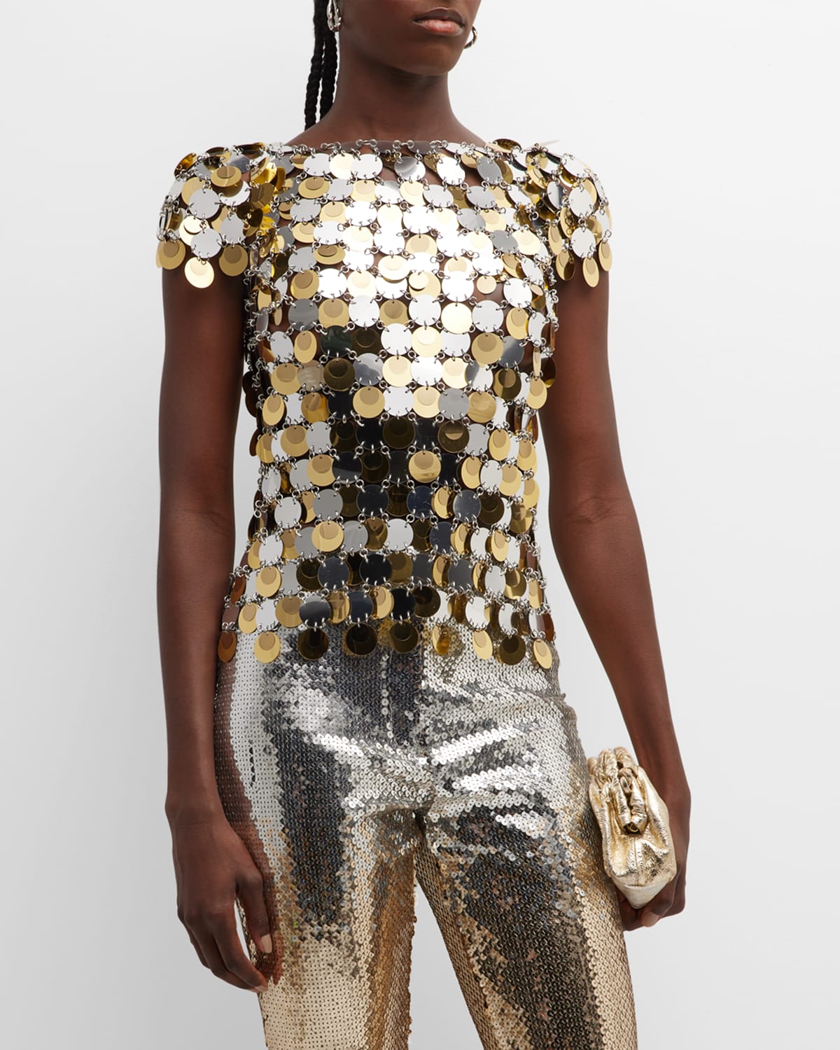 Shop Paco Rabanne Mutli-color Sequin Cap-sleeve Top In Silver Gold