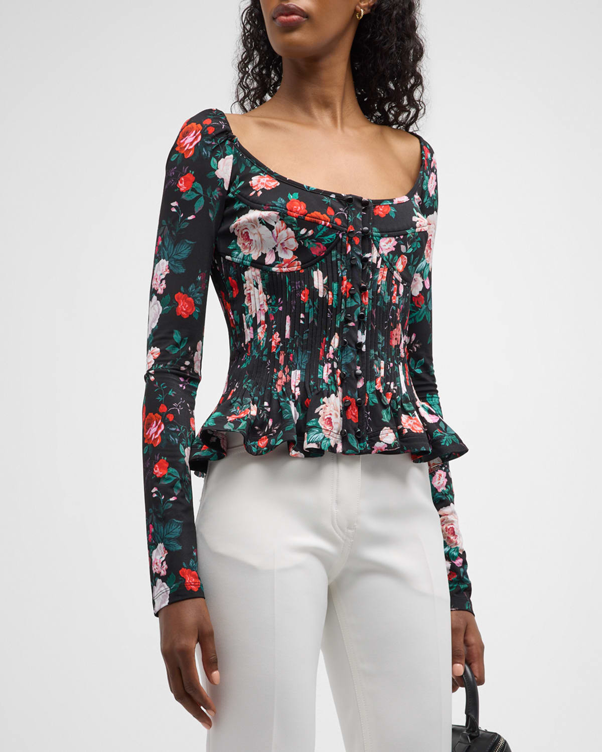 Rabanne Floral-print Pleated Long-sleeve Bustier Top In Black Rose Garden