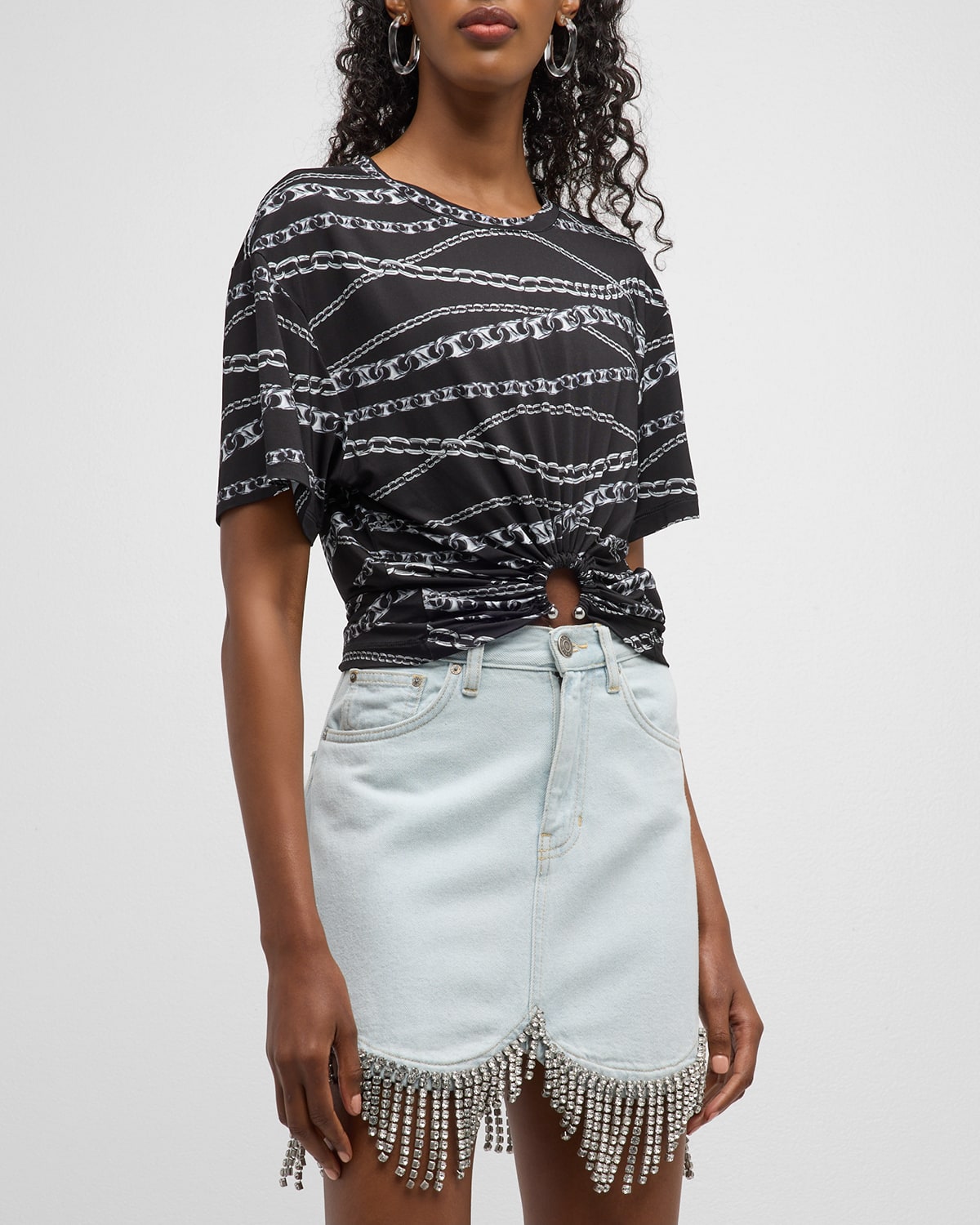 Rabanne Chain-print Ruched U-ring Crop T-shirt In Silver Punk Chain