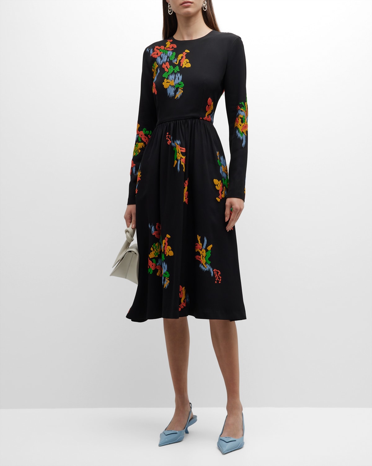 Embroidered Long-Sleeve Midi Dress