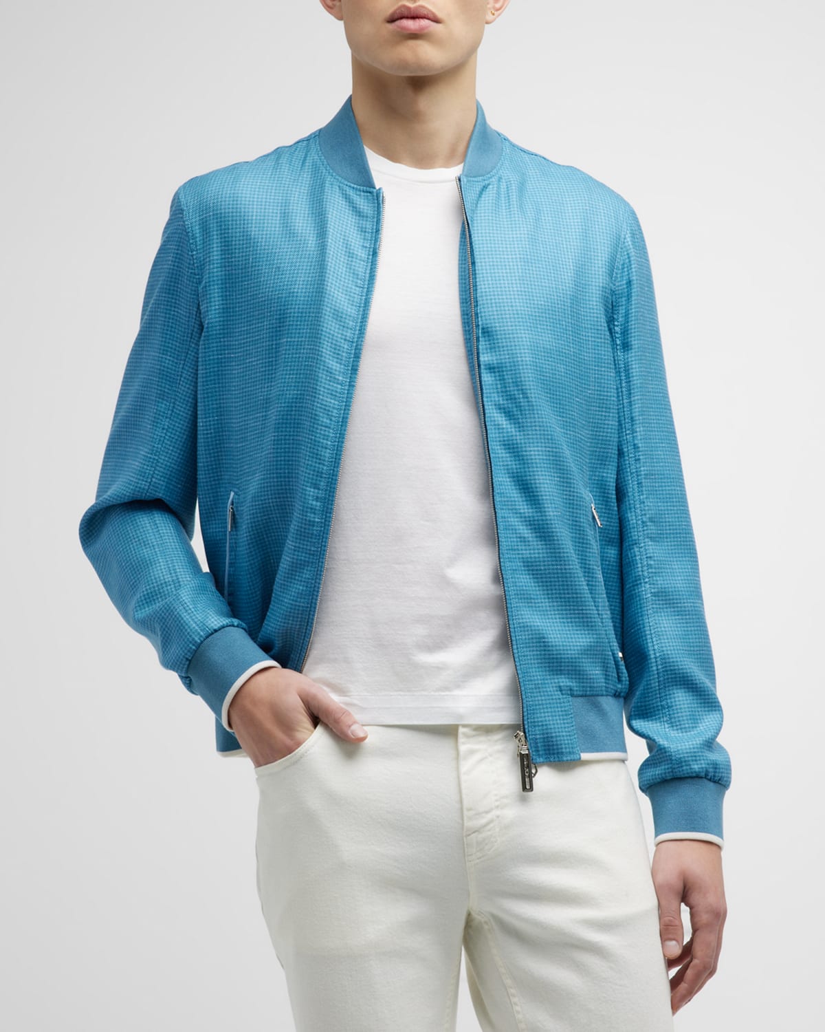 Stefano Ricci Men's Houndstooth Bomber Jacket In Aqua