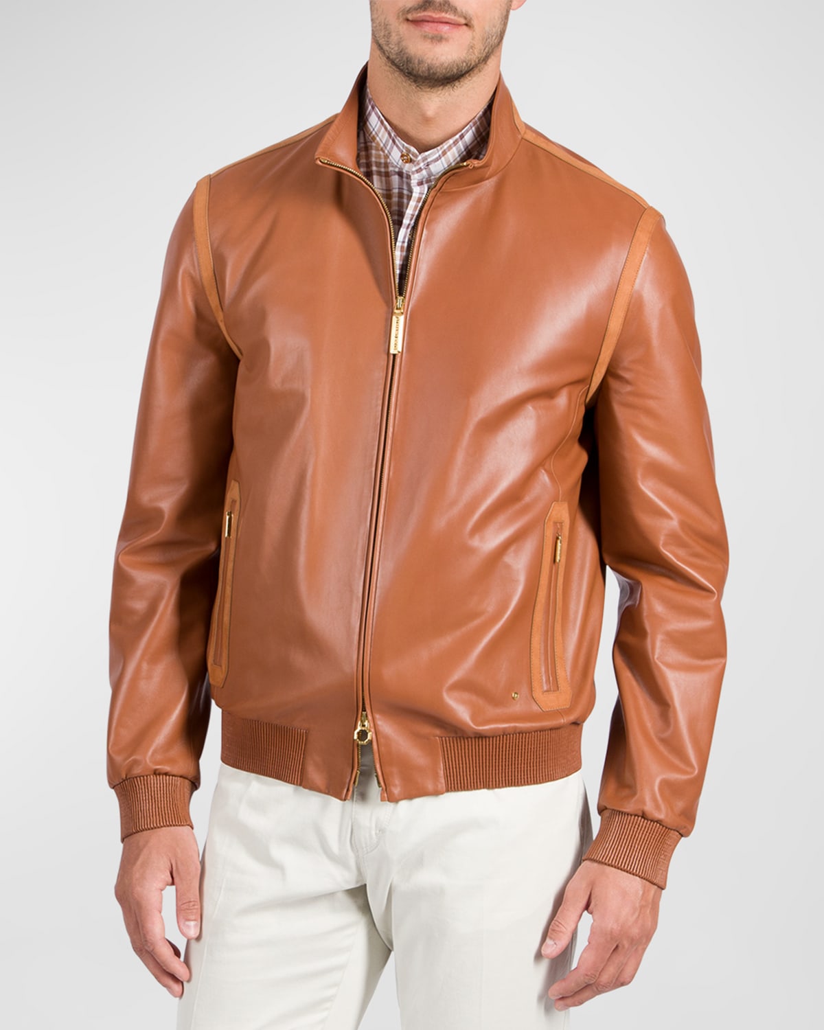 Stefano Ricci Men's Leather Bomber Jacket In Cognac