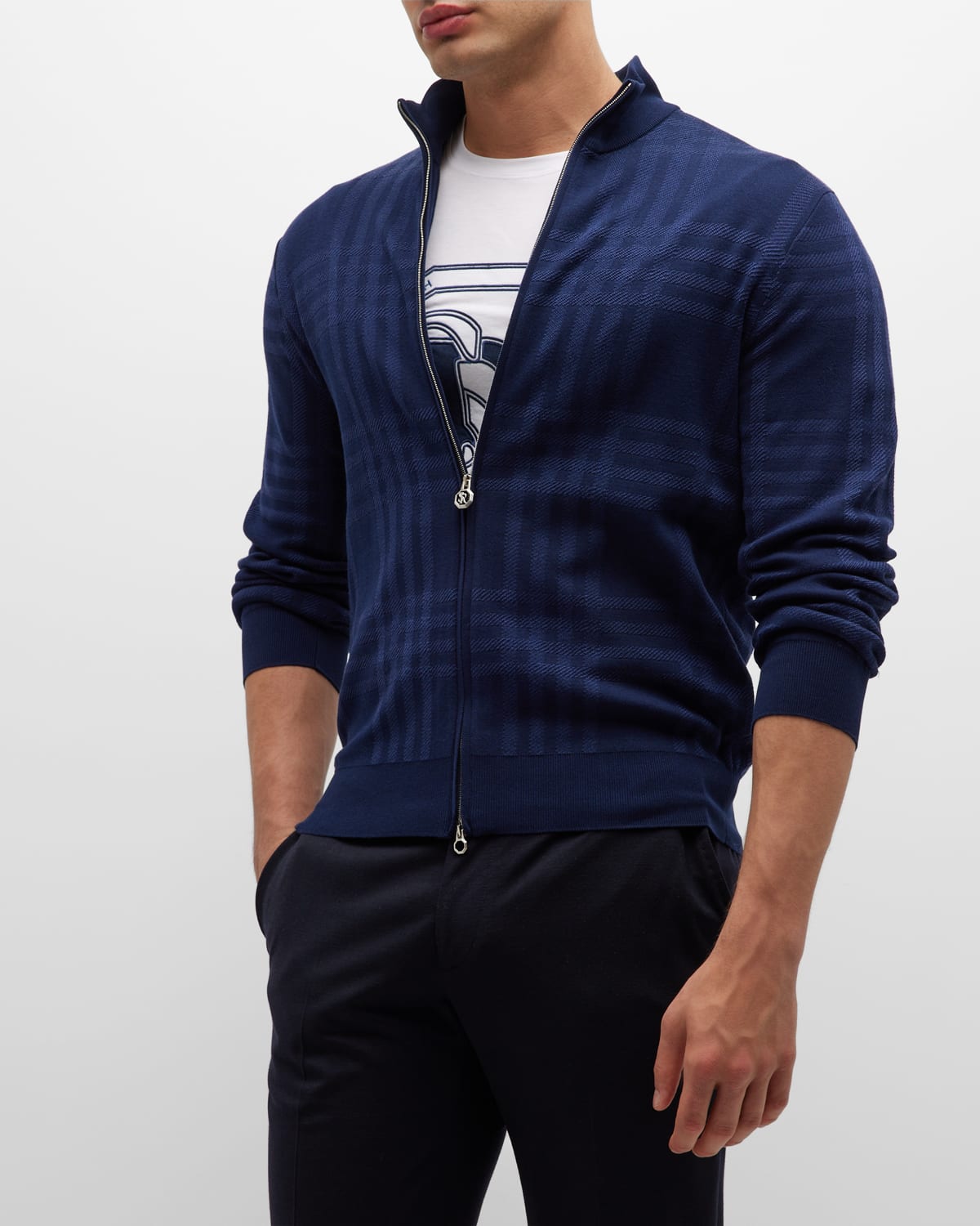 Stefano Ricci Men's Cotton-silk Plaid Full-zip Sweater In Navy