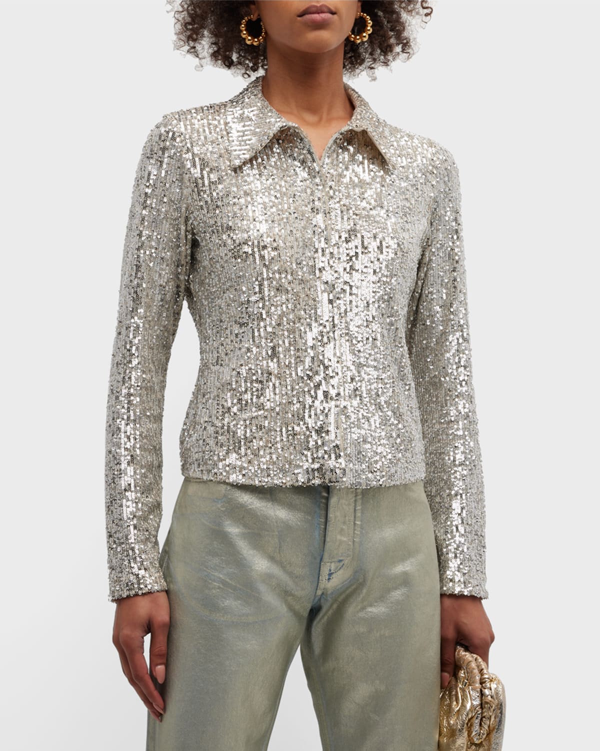 In The Mood For Love Ken Sequin Shirt In Beige Silver